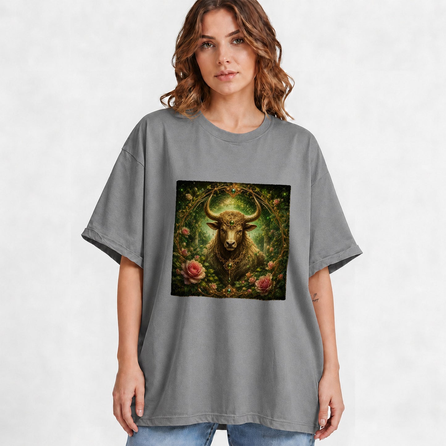 #pl[Gray] Taurus Bull Graphic T-Shirt, Earth Zodiac Rose Celestial Art