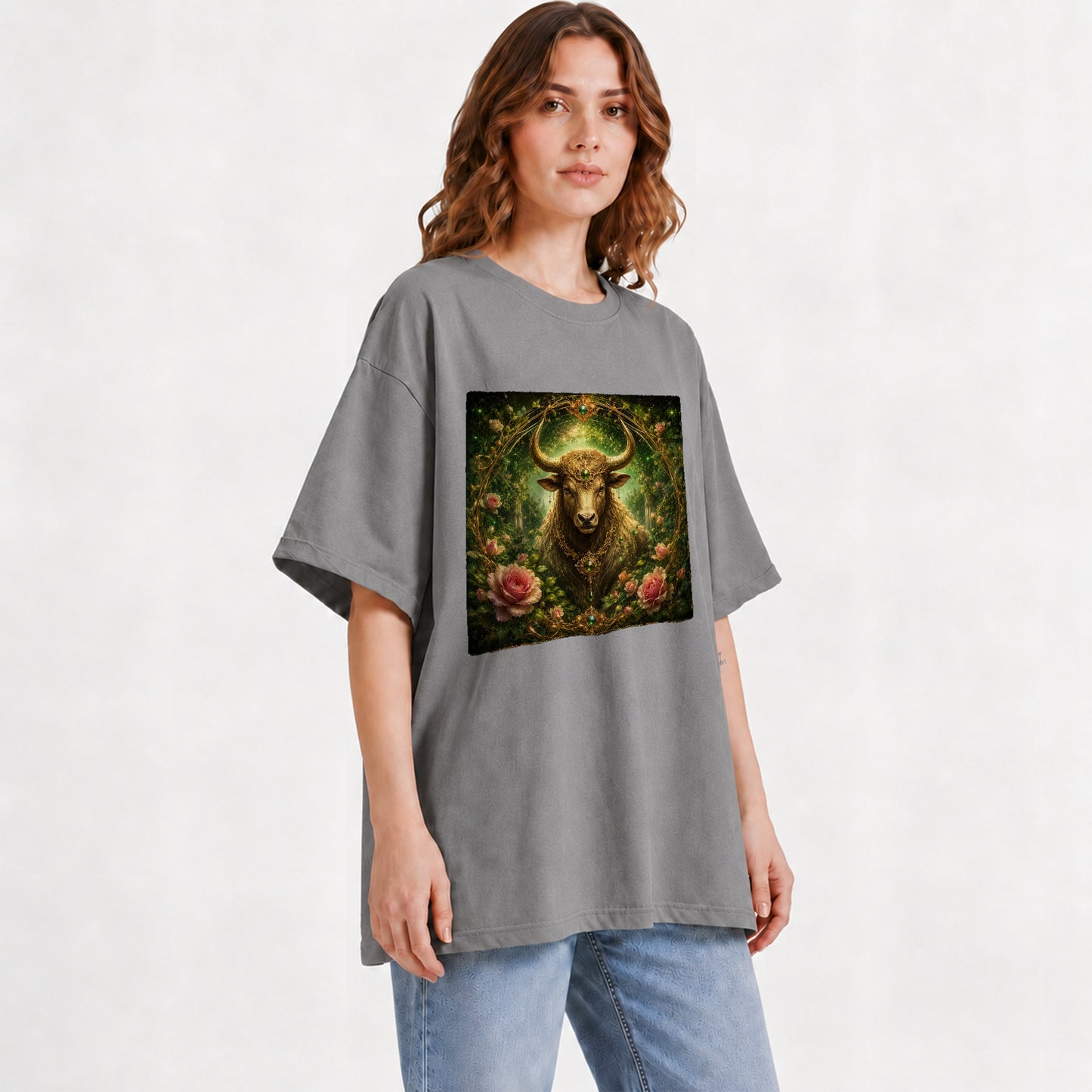 #pl[Gray] Taurus Bull Graphic T-Shirt, Earth Zodiac Rose Celestial Art