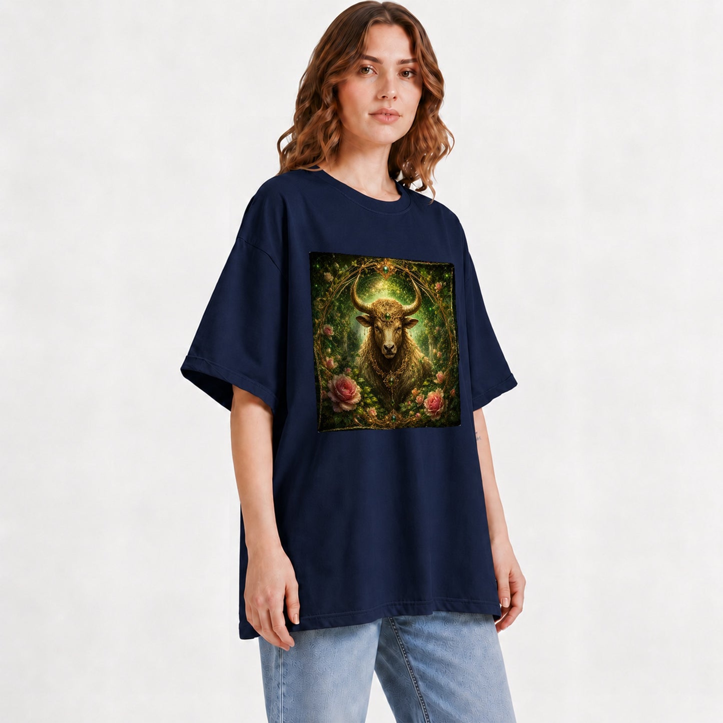 #pl[Navy] Taurus Bull Graphic T-Shirt, Earth Zodiac Rose Celestial Art