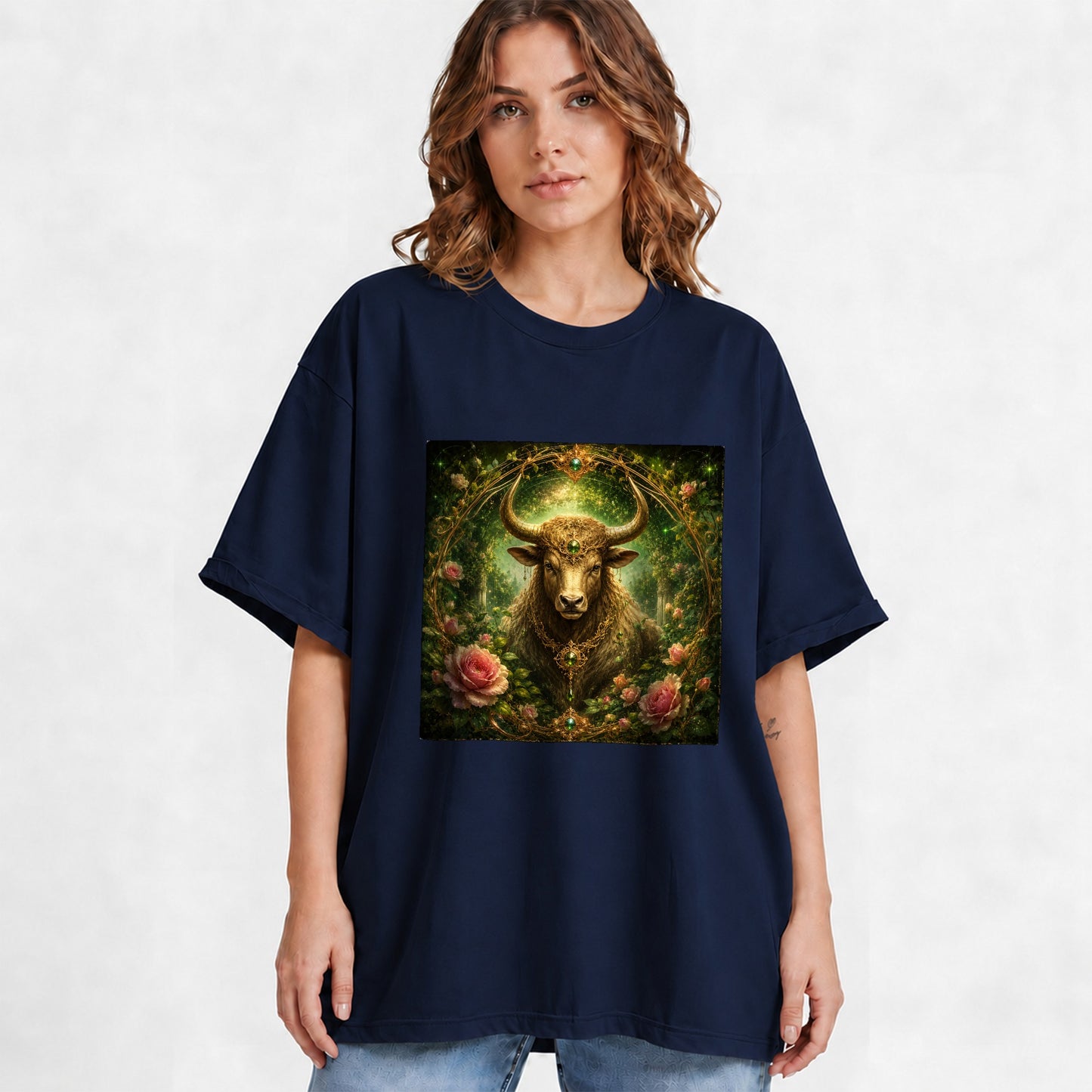#pl[Navy] Taurus Bull Graphic T-Shirt, Earth Zodiac Rose Celestial Art