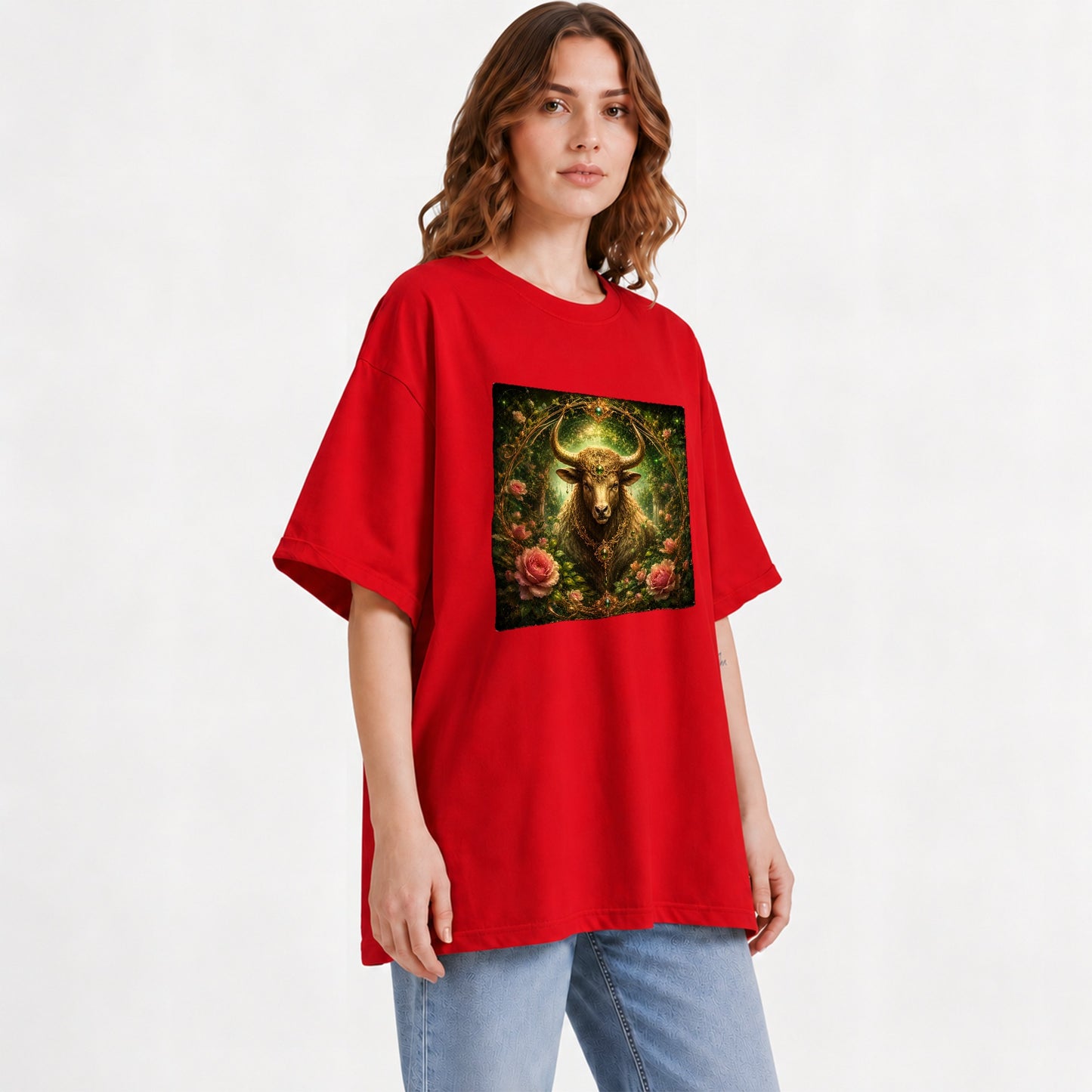 #pl[Red] Taurus Bull Graphic T-Shirt, Earth Zodiac Rose Celestial Art