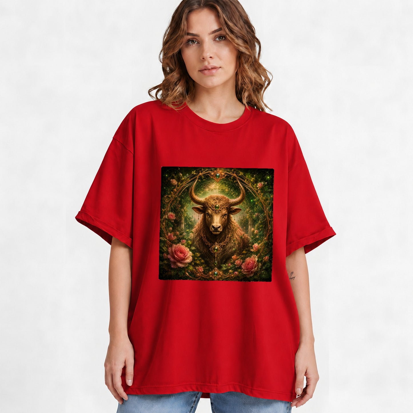 #pl[Red] Taurus Bull Graphic T-Shirt, Earth Zodiac Rose Celestial Art