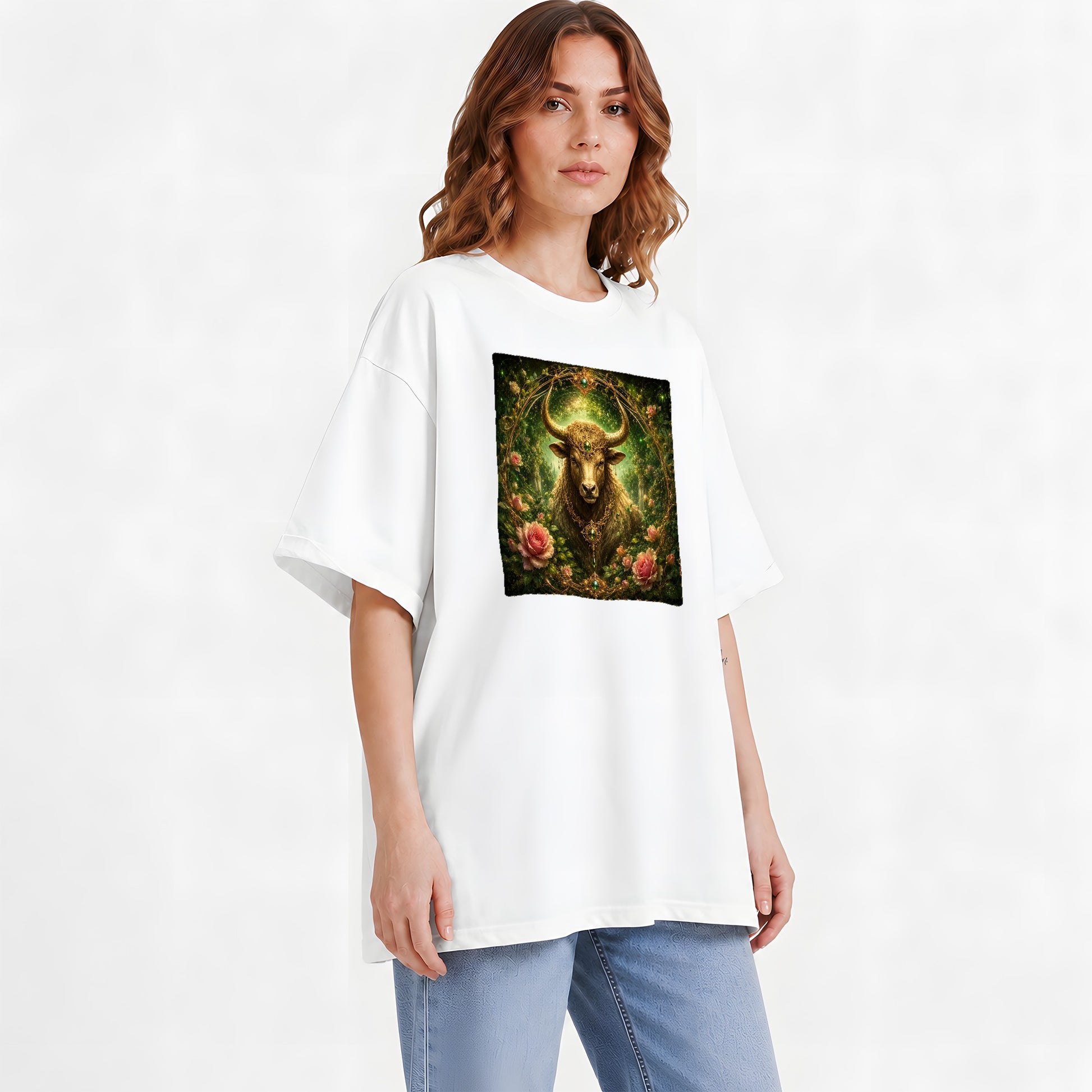 #pl[White] Taurus Bull Graphic T-Shirt, Earth Zodiac Rose Celestial Art