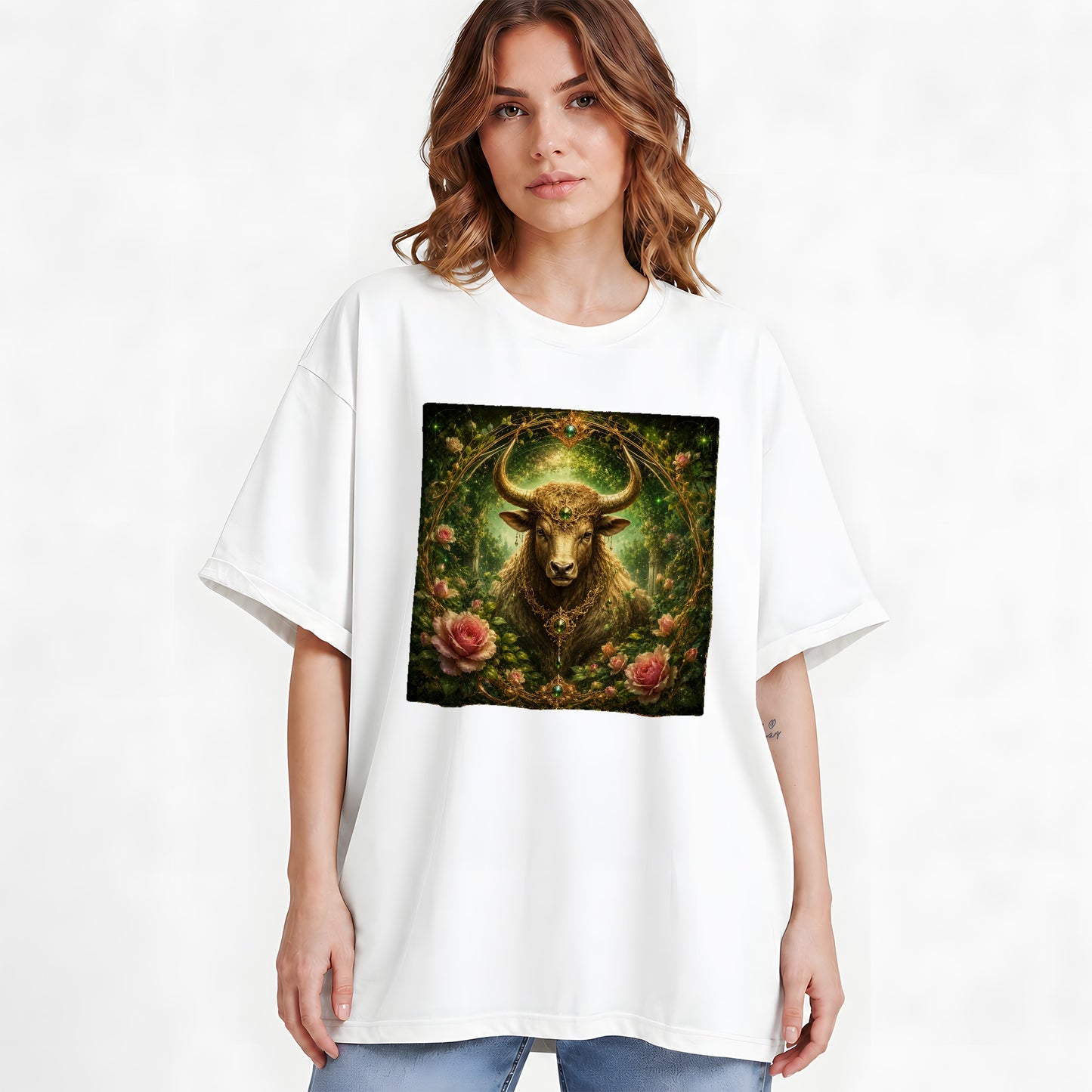 #pl[White] Taurus Bull Graphic T-Shirt, Earth Zodiac Rose Celestial Art