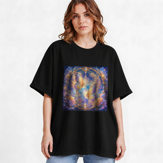 #pl[Black] Celestial Butterflies Graphic T-Shirt, Dreamy Butterfly Floral Art