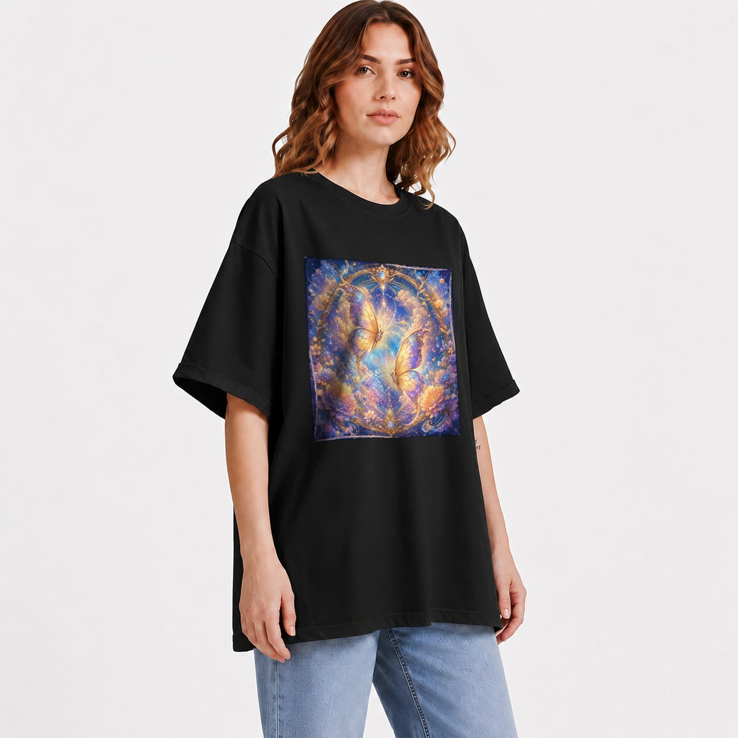 #pl[Black] Celestial Butterflies Graphic T-Shirt, Dreamy Butterfly Floral Art