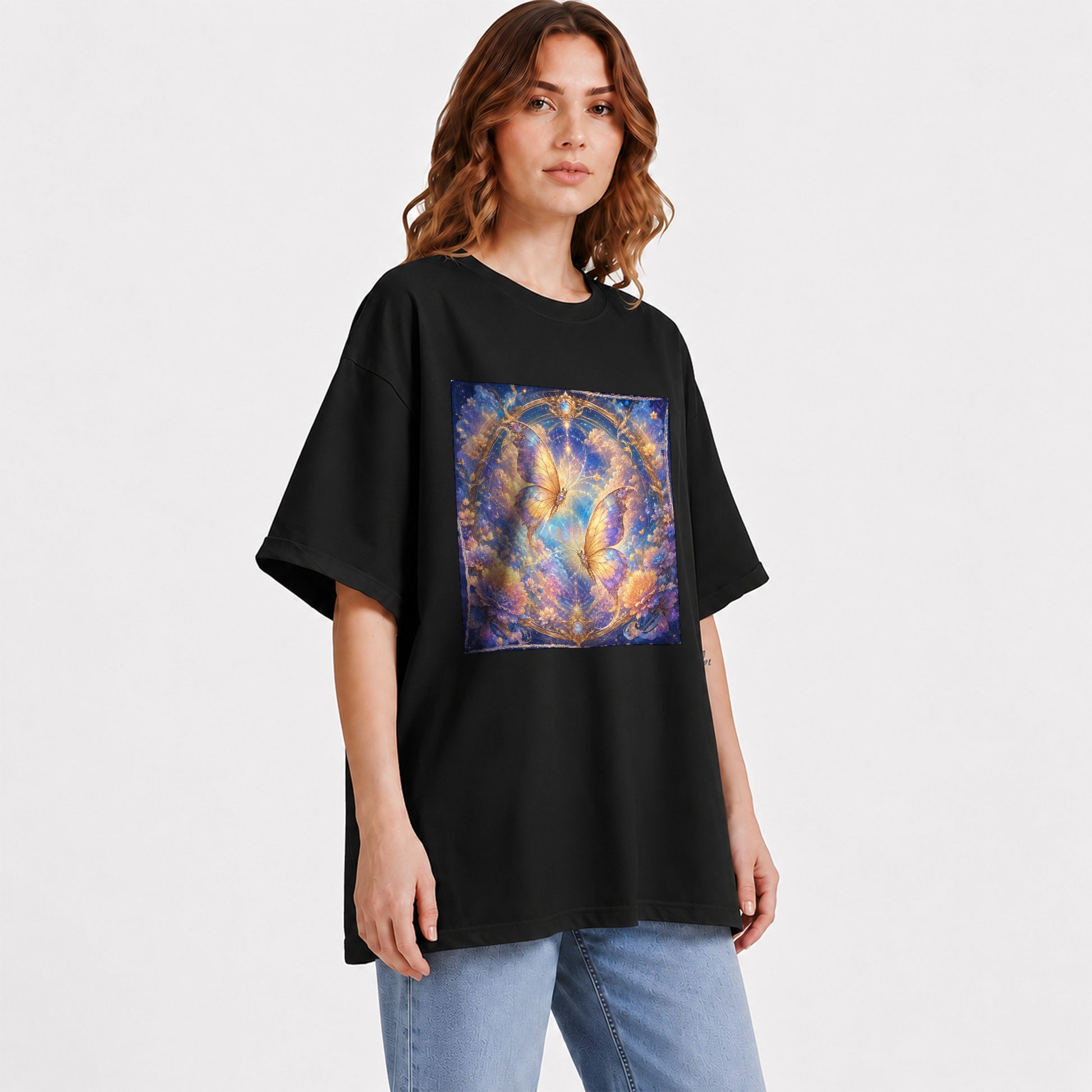 #pl[Black] Celestial Butterflies Graphic T-Shirt, Dreamy Butterfly Floral Art