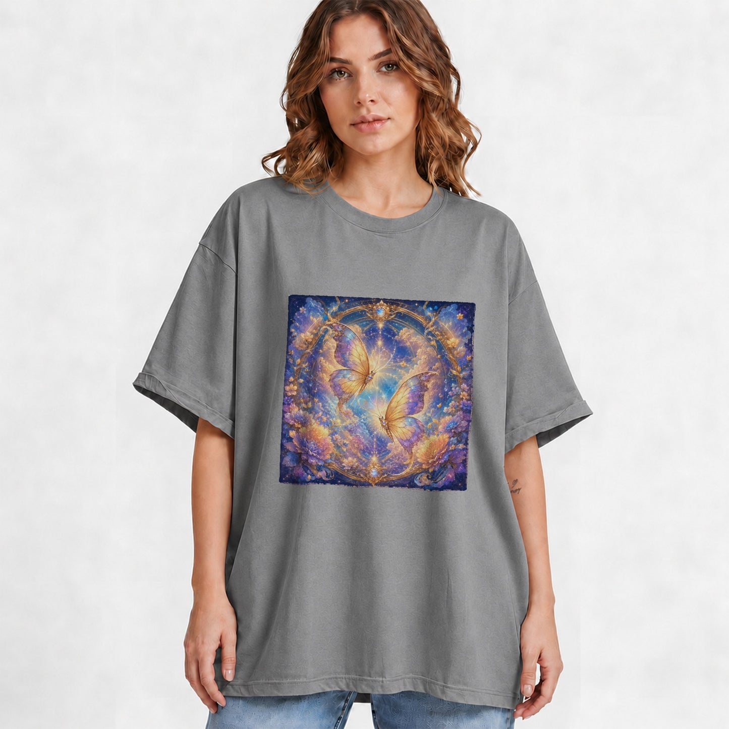 #pl[Gray] Celestial Butterflies Graphic T-Shirt, Dreamy Butterfly Floral Art