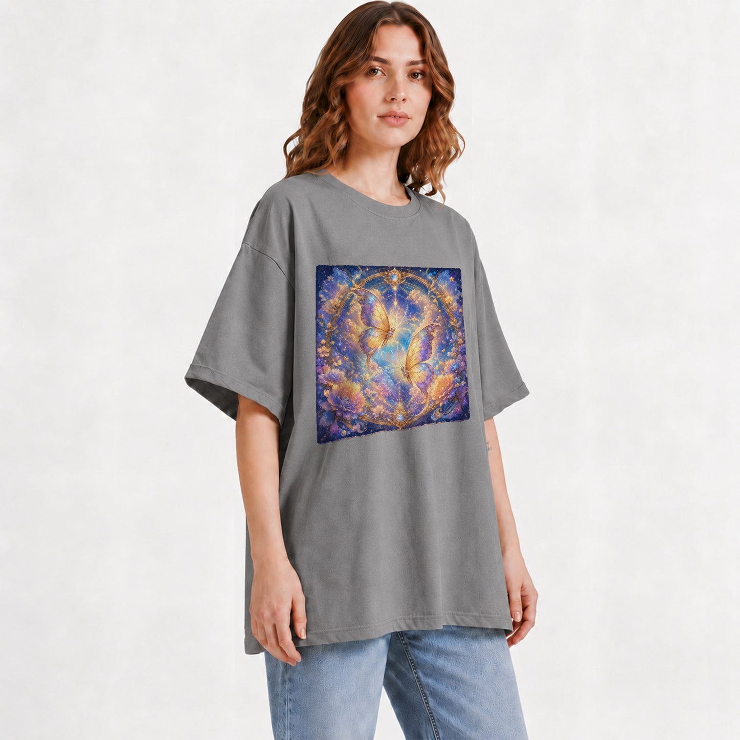 #pl[Gray] Celestial Butterflies Graphic T-Shirt, Dreamy Butterfly Floral Art
