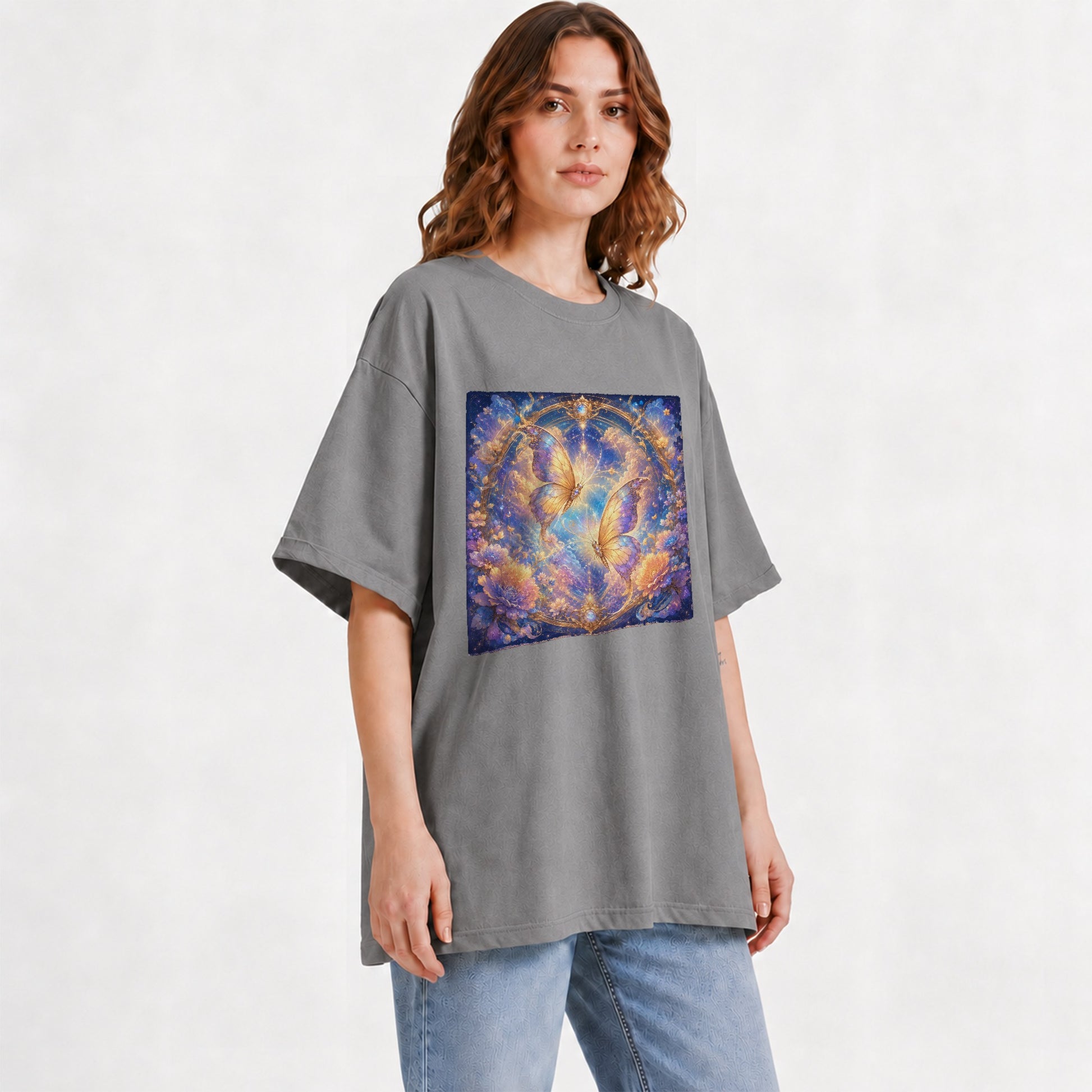 #pl[Gray] Celestial Butterflies Graphic T-Shirt, Dreamy Butterfly Floral Art