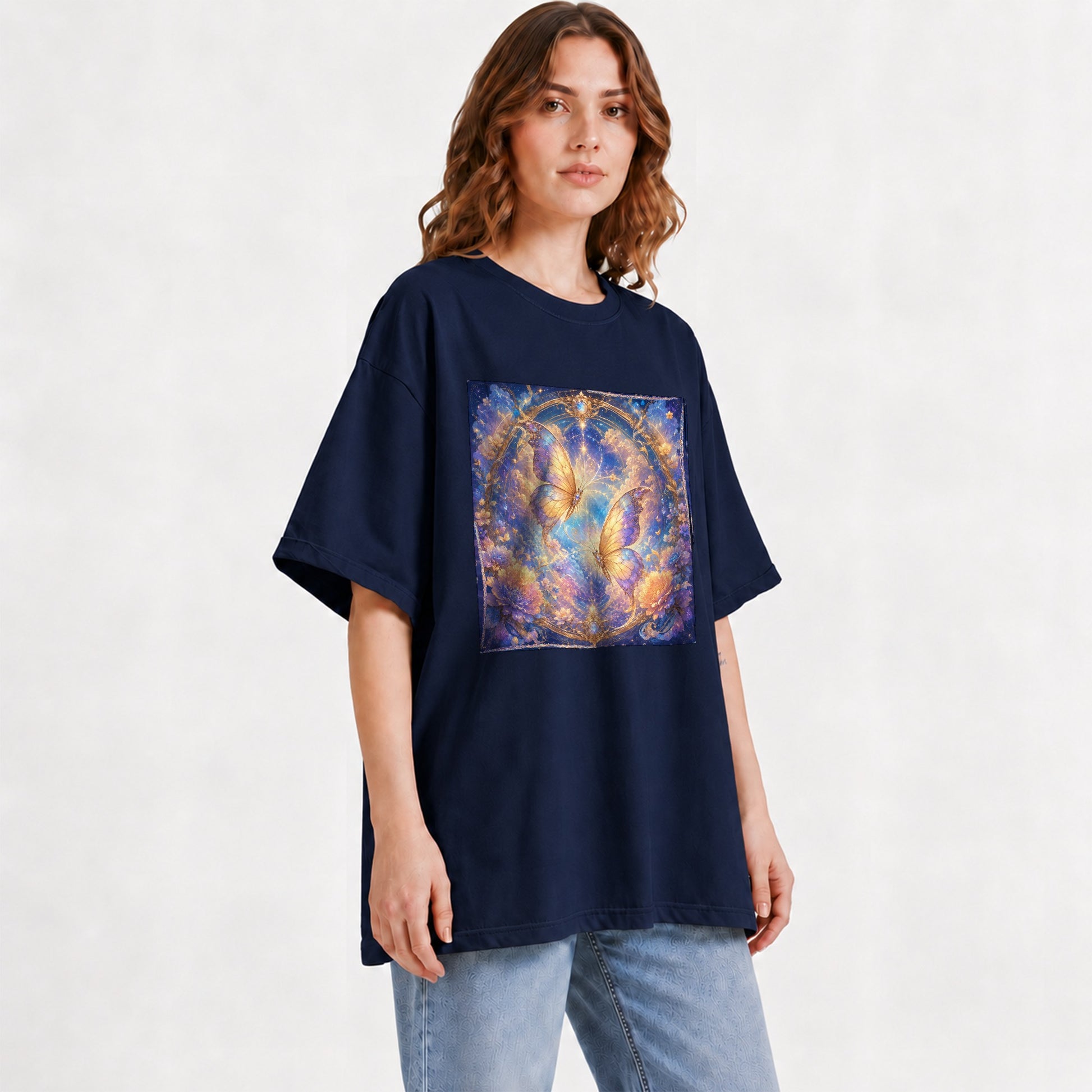 #pl[Navy] Celestial Butterflies Graphic T-Shirt, Dreamy Butterfly Floral Art