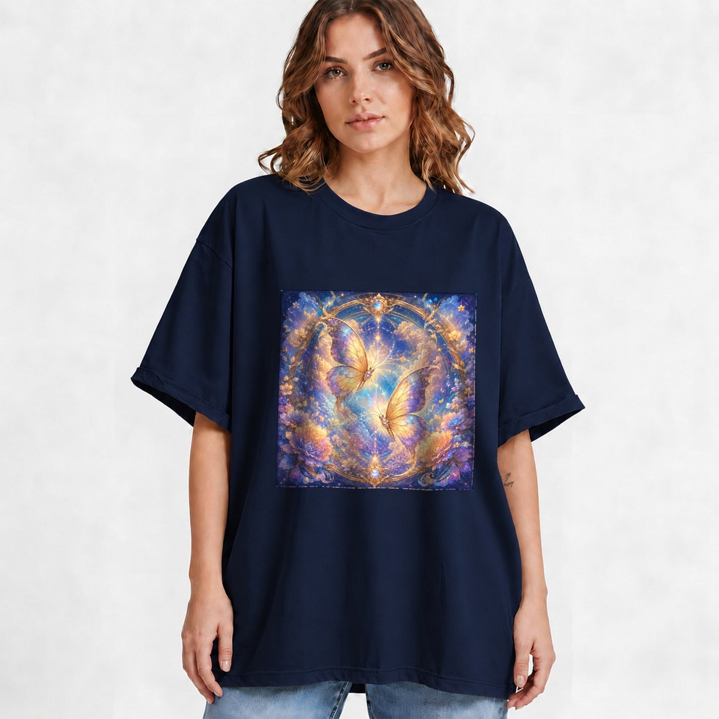 #pl[Navy] Celestial Butterflies Graphic T-Shirt, Dreamy Butterfly Floral Art