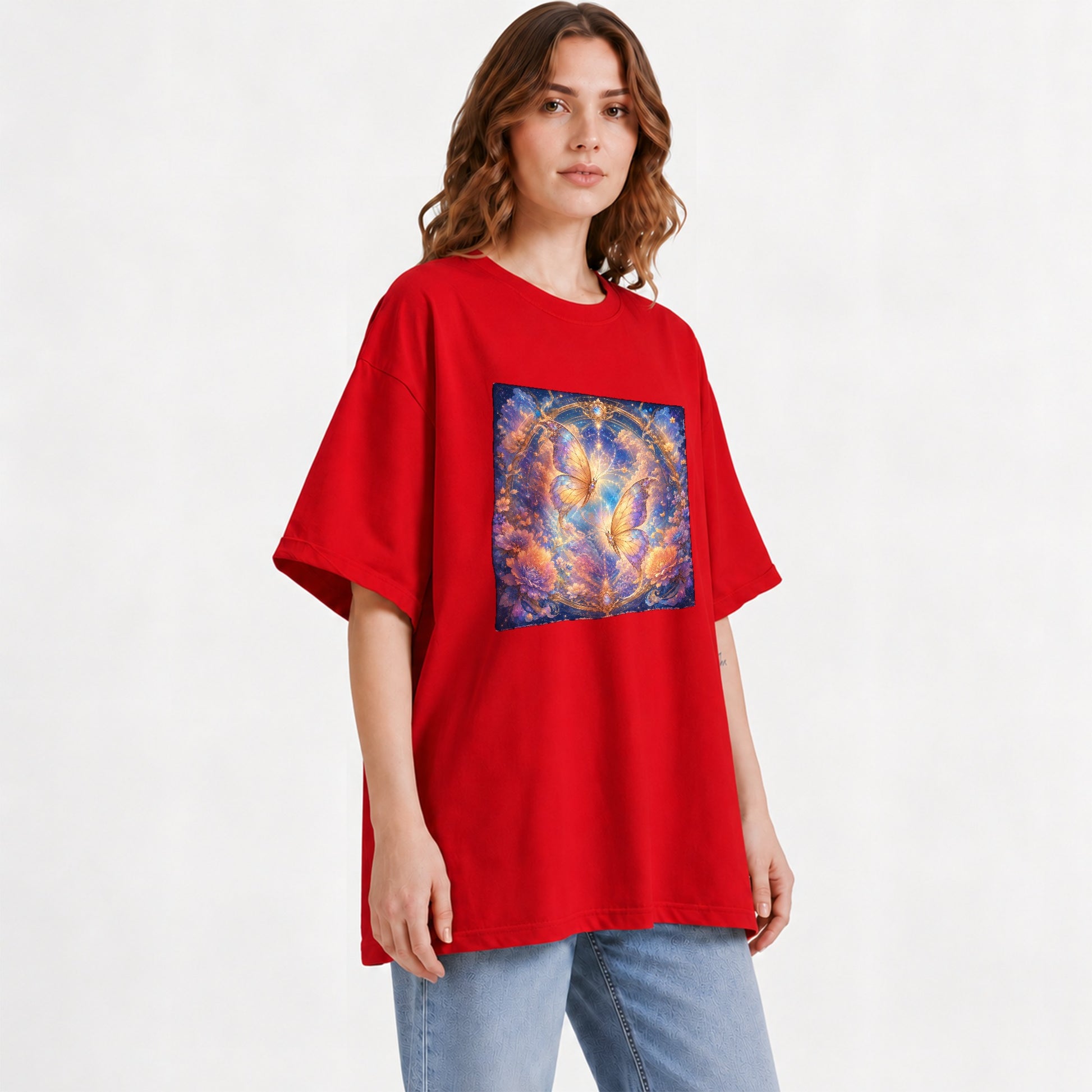 #pl[Red] Celestial Butterflies Graphic T-Shirt, Dreamy Butterfly Floral Art