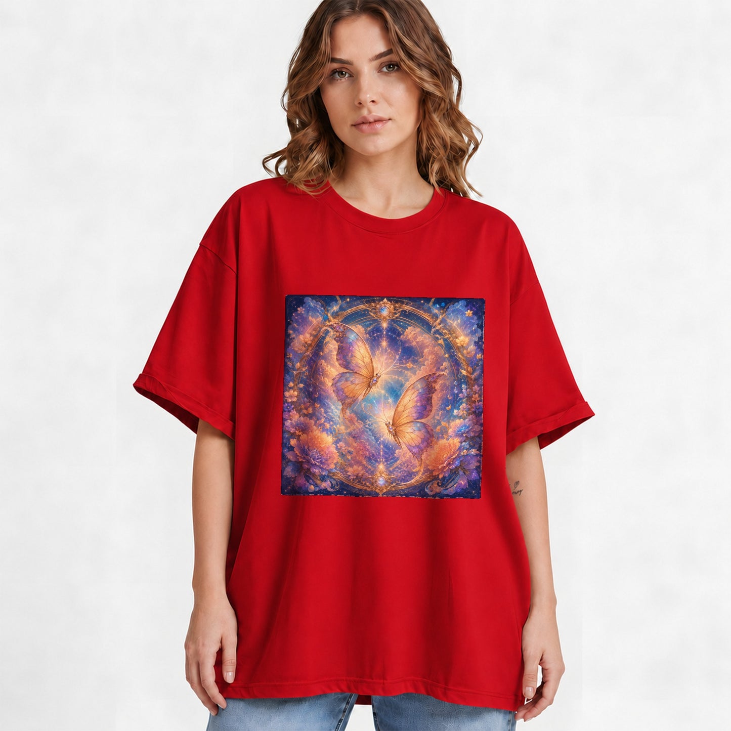 #pl[Red] Celestial Butterflies Graphic T-Shirt, Dreamy Butterfly Floral Art