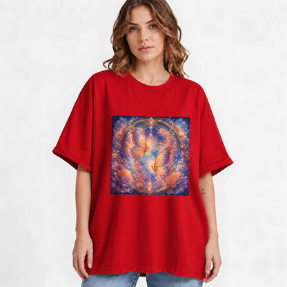 #pl[Red] Celestial Butterflies Graphic T-Shirt, Dreamy Butterfly Floral Art