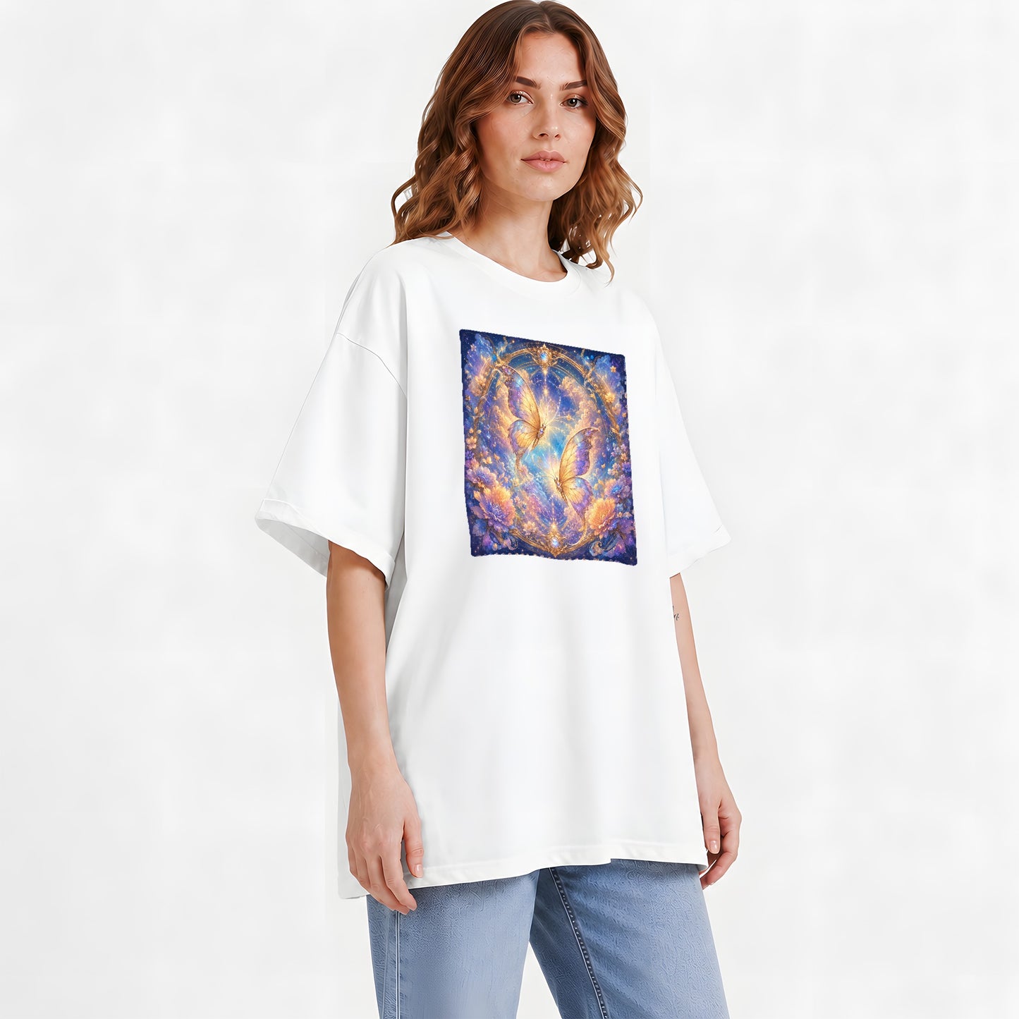 #pl[White] Celestial Butterflies Graphic T-Shirt, Dreamy Butterfly Floral Art