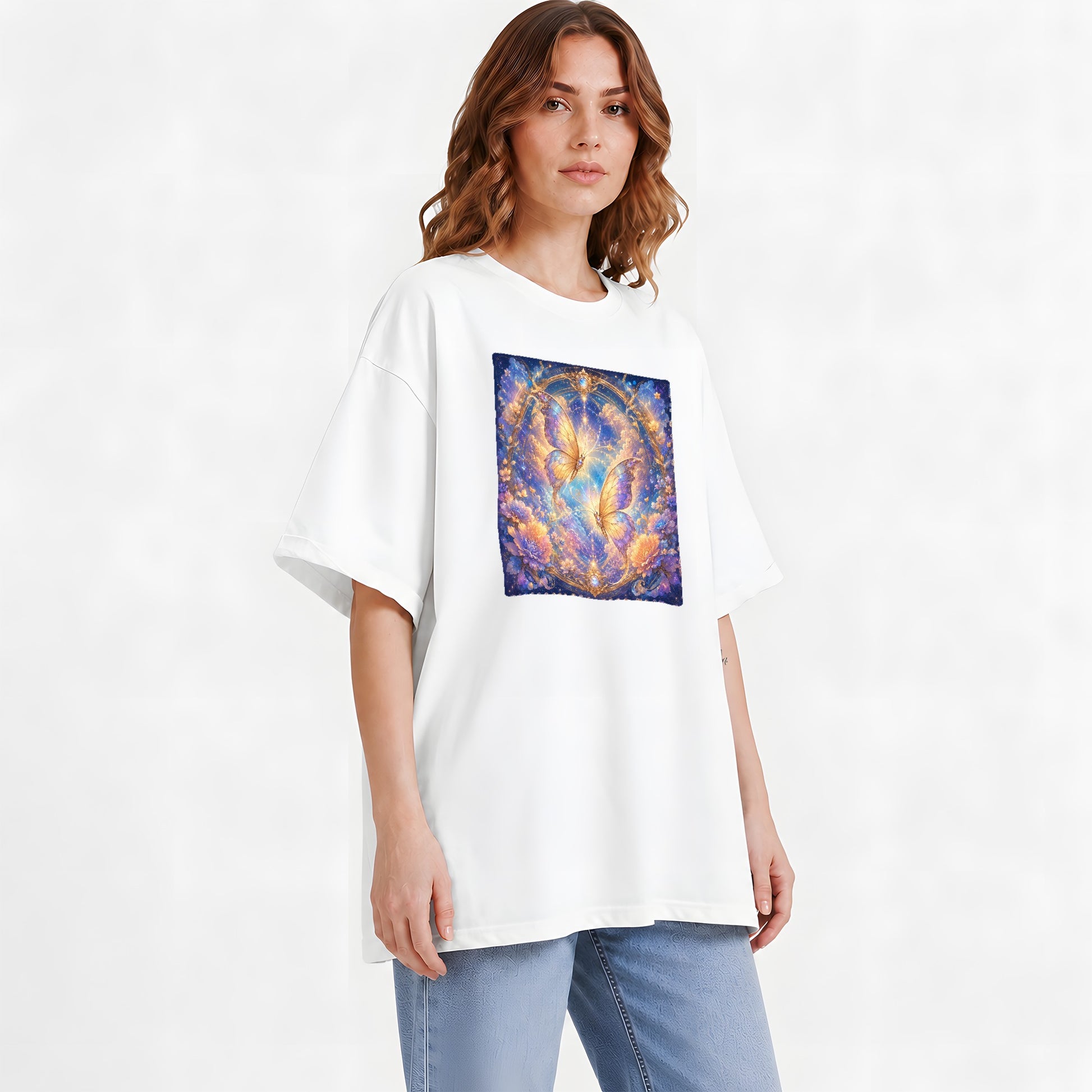 #pl[White] Celestial Butterflies Graphic T-Shirt, Dreamy Butterfly Floral Art