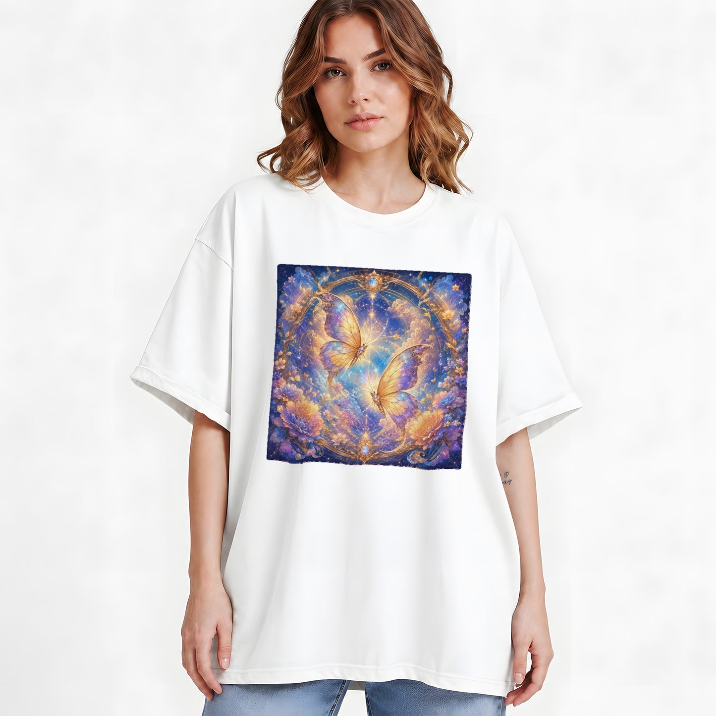 #pl[White] Celestial Butterflies Graphic T-Shirt, Dreamy Butterfly Floral Art