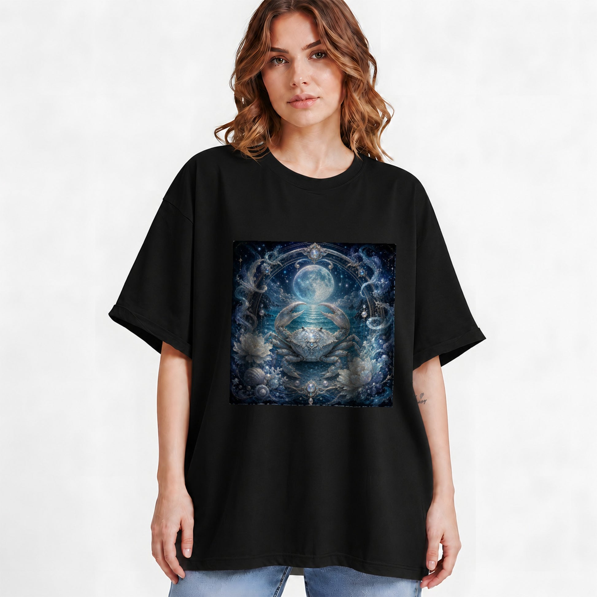 #pl[Black] Cancer Crab Graphic T-Shirt, Moonlit Zodiac Ocean Celestial Art