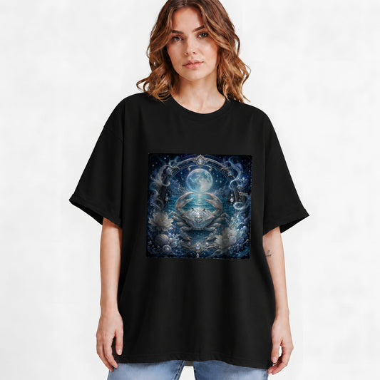 #pl[Black] Cancer Crab Graphic T-Shirt, Moonlit Zodiac Ocean Celestial Art