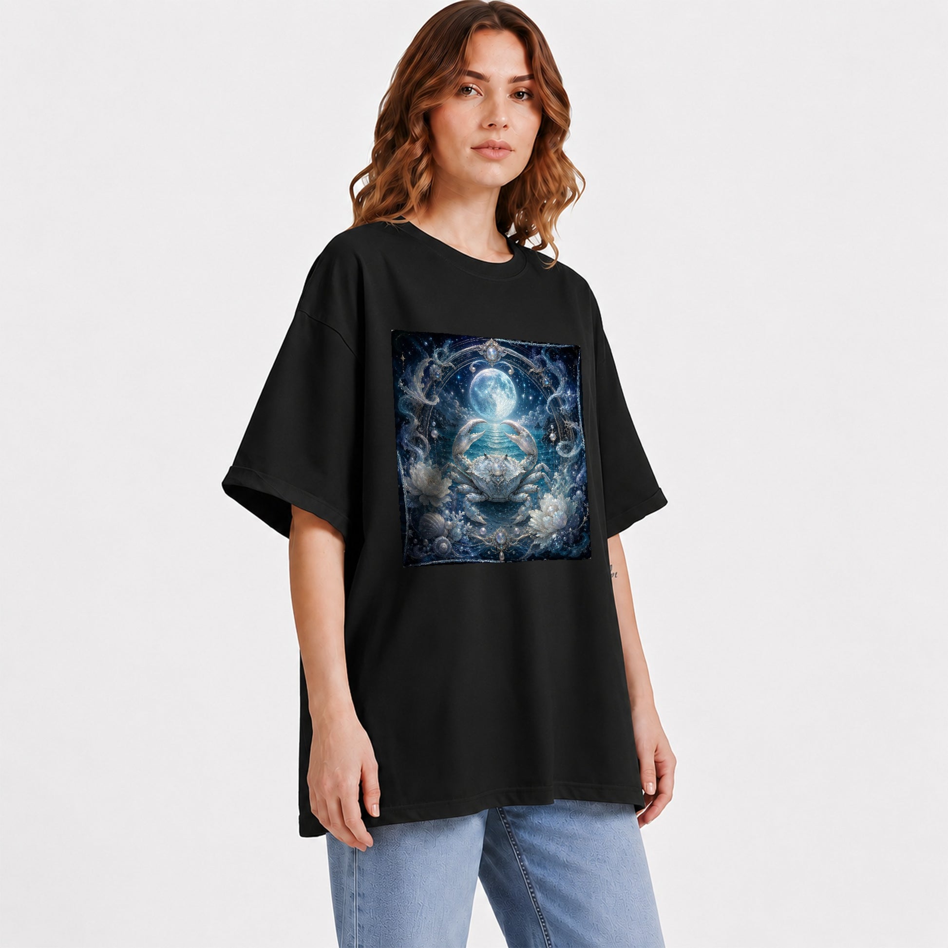 #pl[Black] Cancer Crab Graphic T-Shirt, Moonlit Zodiac Ocean Celestial Art