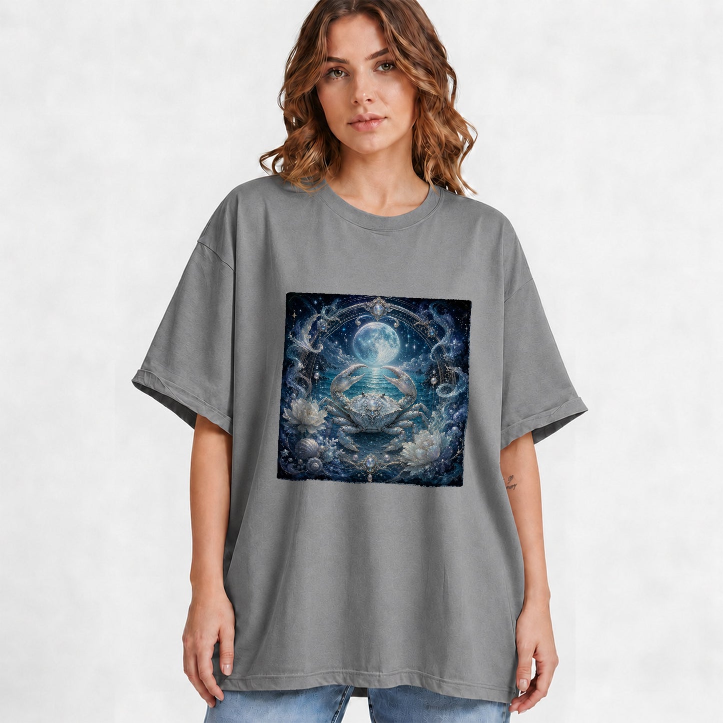 #pl[Gray] Cancer Crab Graphic T-Shirt, Moonlit Zodiac Ocean Celestial Art