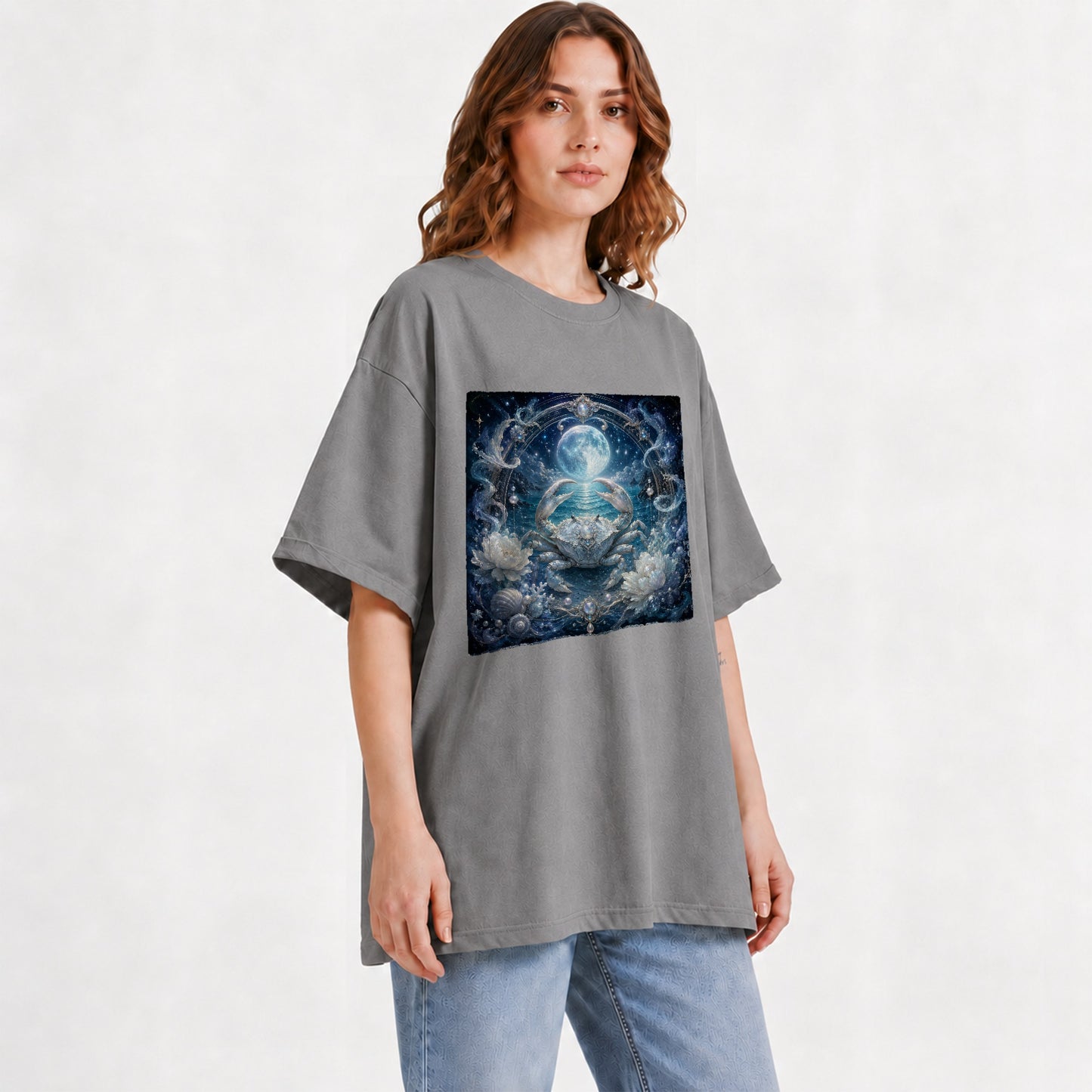 #pl[Gray] Cancer Crab Graphic T-Shirt, Moonlit Zodiac Ocean Celestial Art