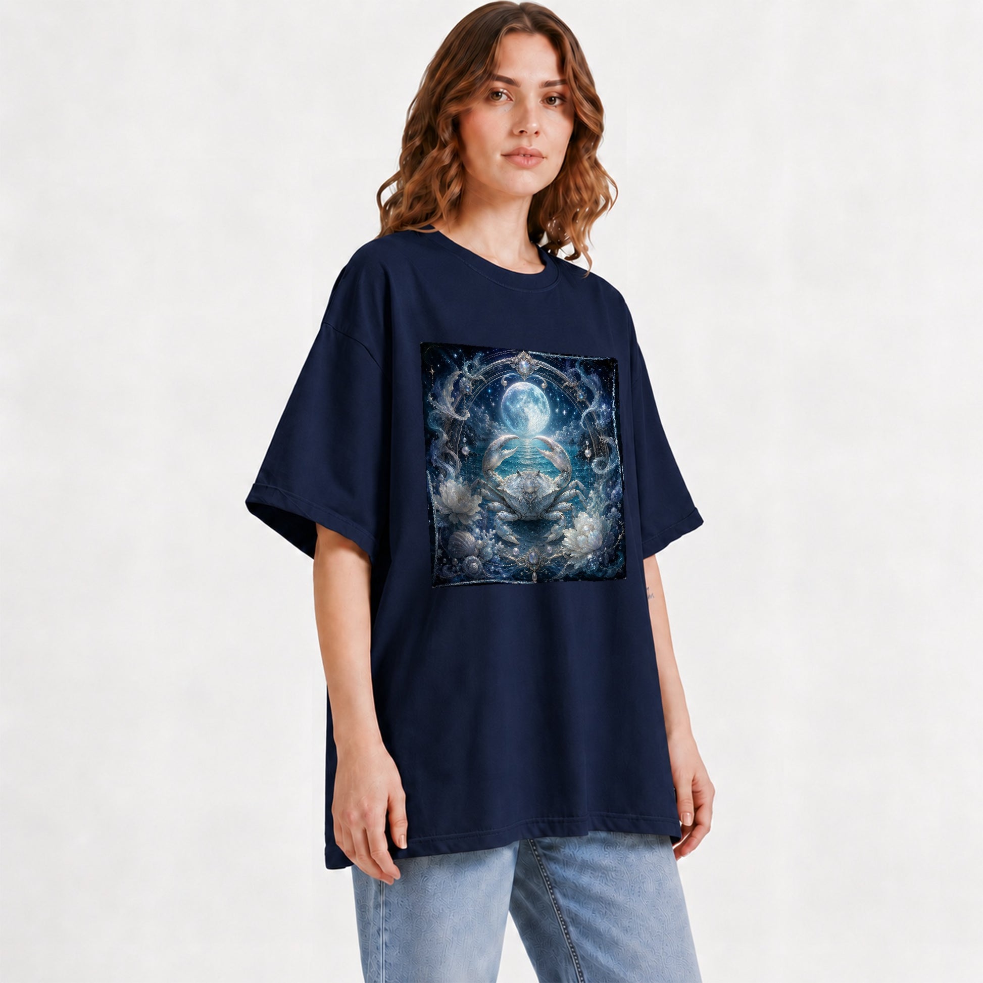#pl[Navy] Cancer Crab Graphic T-Shirt, Moonlit Zodiac Ocean Celestial Art