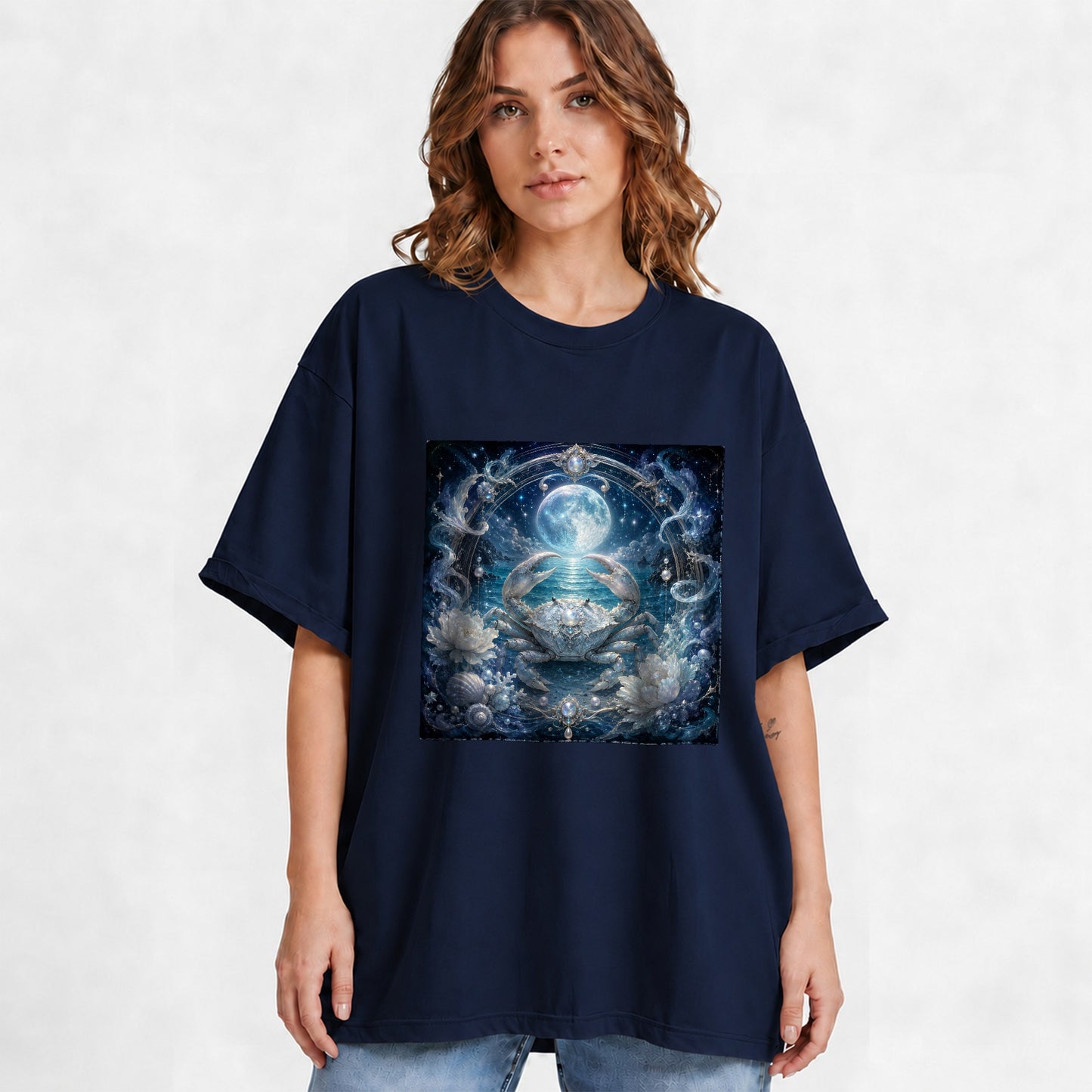 #pl[Navy] Cancer Crab Graphic T-Shirt, Moonlit Zodiac Ocean Celestial Art