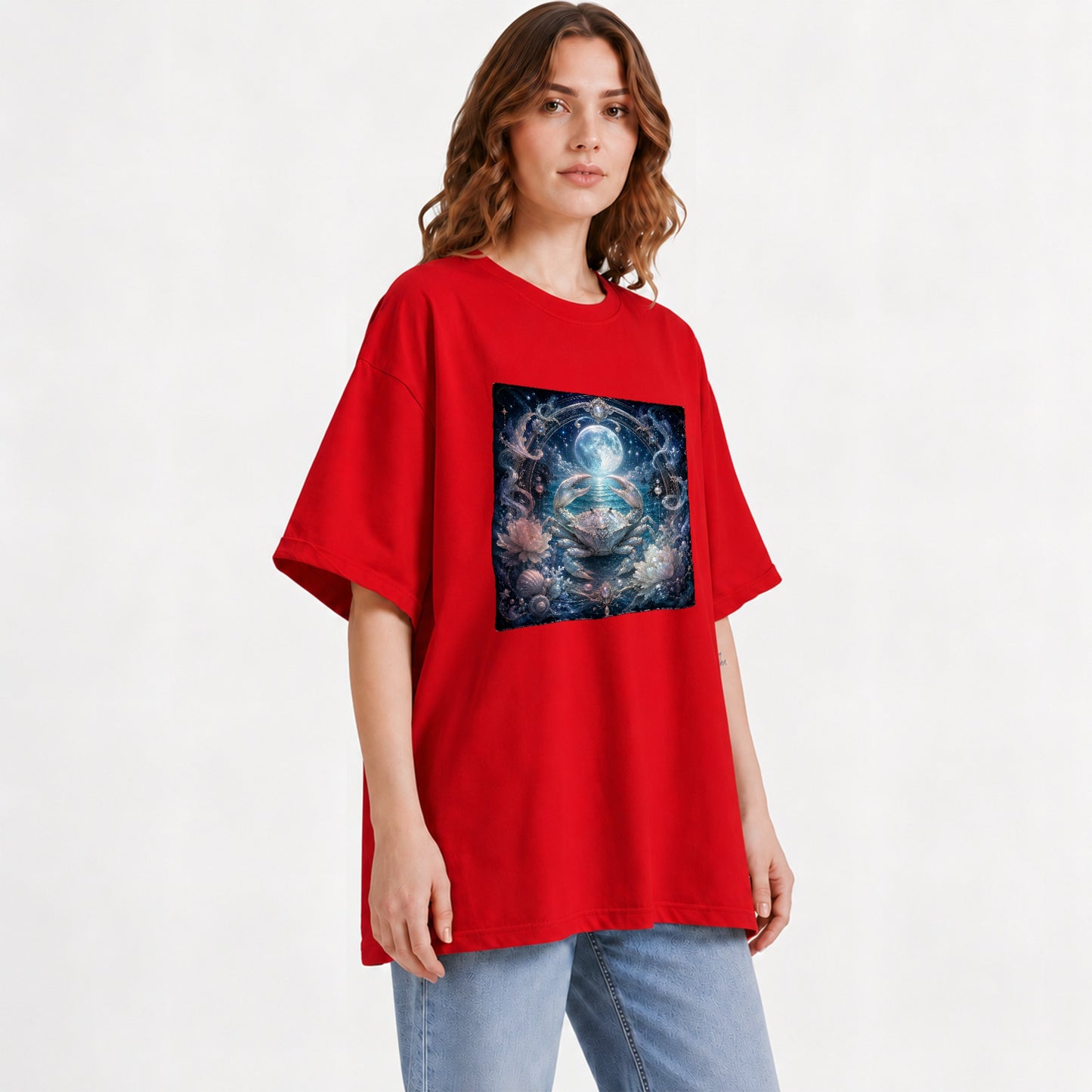#pl[Red] Cancer Crab Graphic T-Shirt, Moonlit Zodiac Ocean Celestial Art