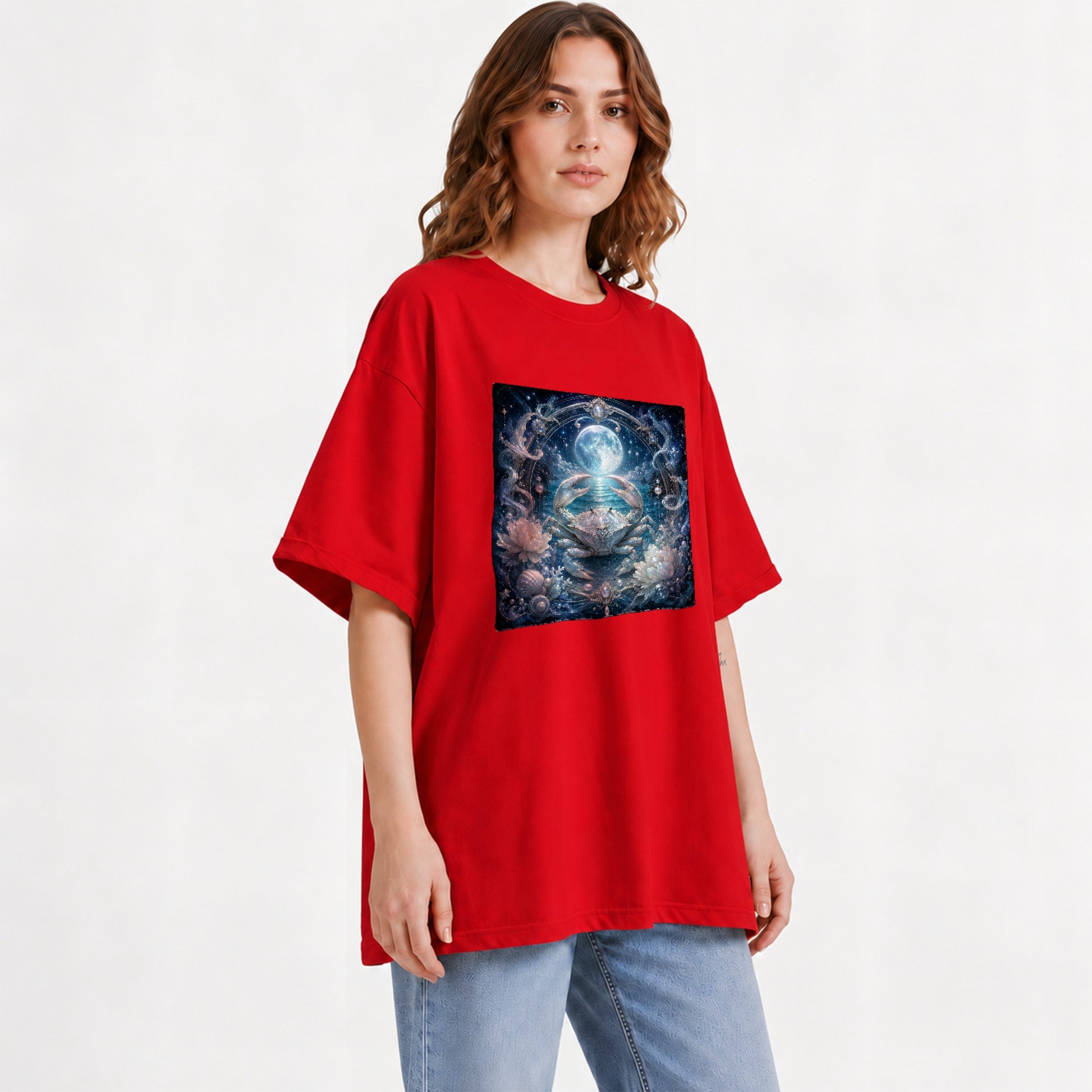 #pl[Red] Cancer Crab Graphic T-Shirt, Moonlit Zodiac Ocean Celestial Art