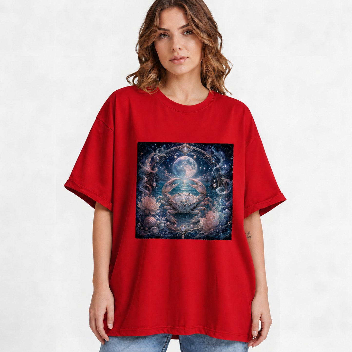 #pl[Red] Cancer Crab Graphic T-Shirt, Moonlit Zodiac Ocean Celestial Art