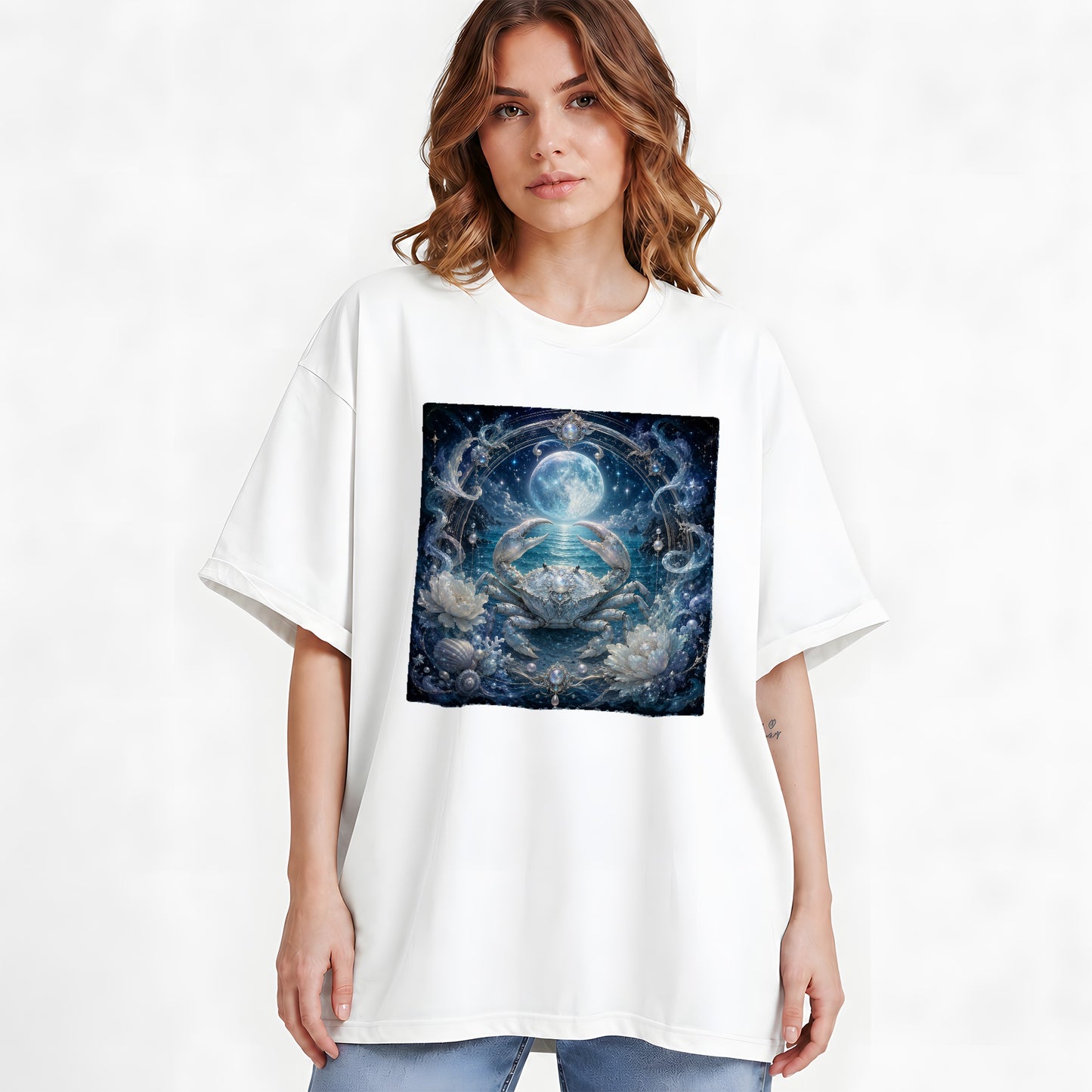 #pl[White] Cancer Crab Graphic T-Shirt, Moonlit Zodiac Ocean Celestial Art