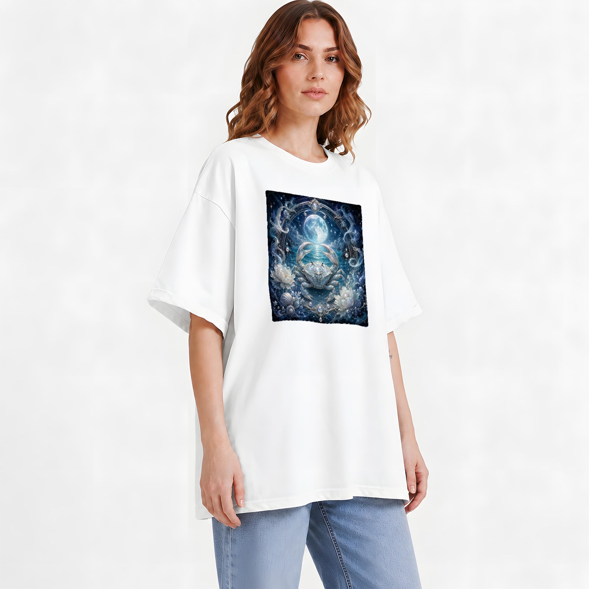 #pl[White] Cancer Crab Graphic T-Shirt, Moonlit Zodiac Ocean Celestial Art