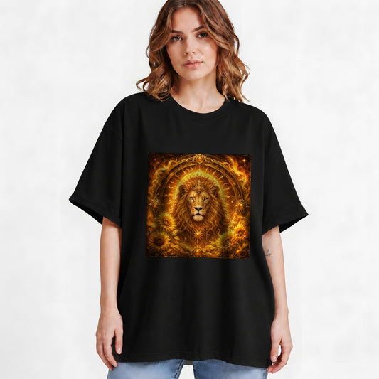 #pl[Black] Leo Lion Graphic T-Shirt, Solar Zodiac Sunflower Celestial Art