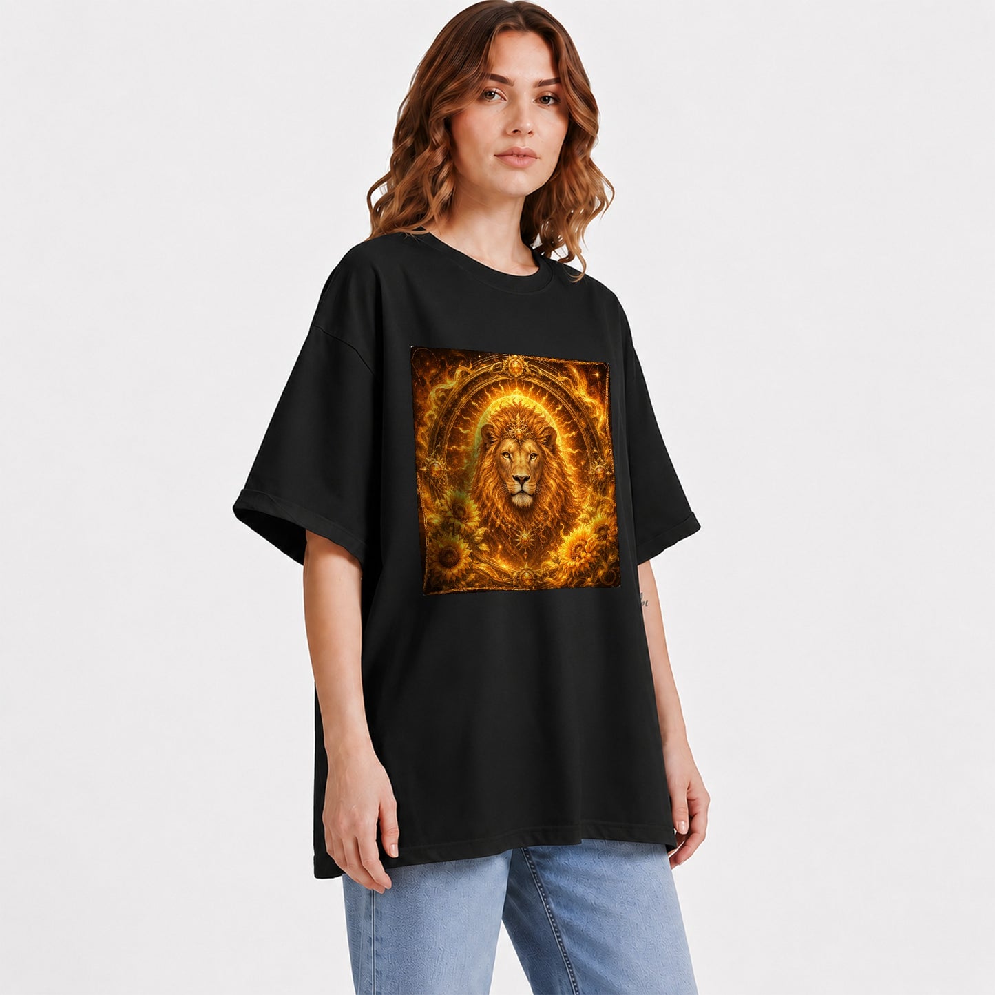 #pl[Black] Leo Lion Graphic T-Shirt, Solar Zodiac Sunflower Celestial Art