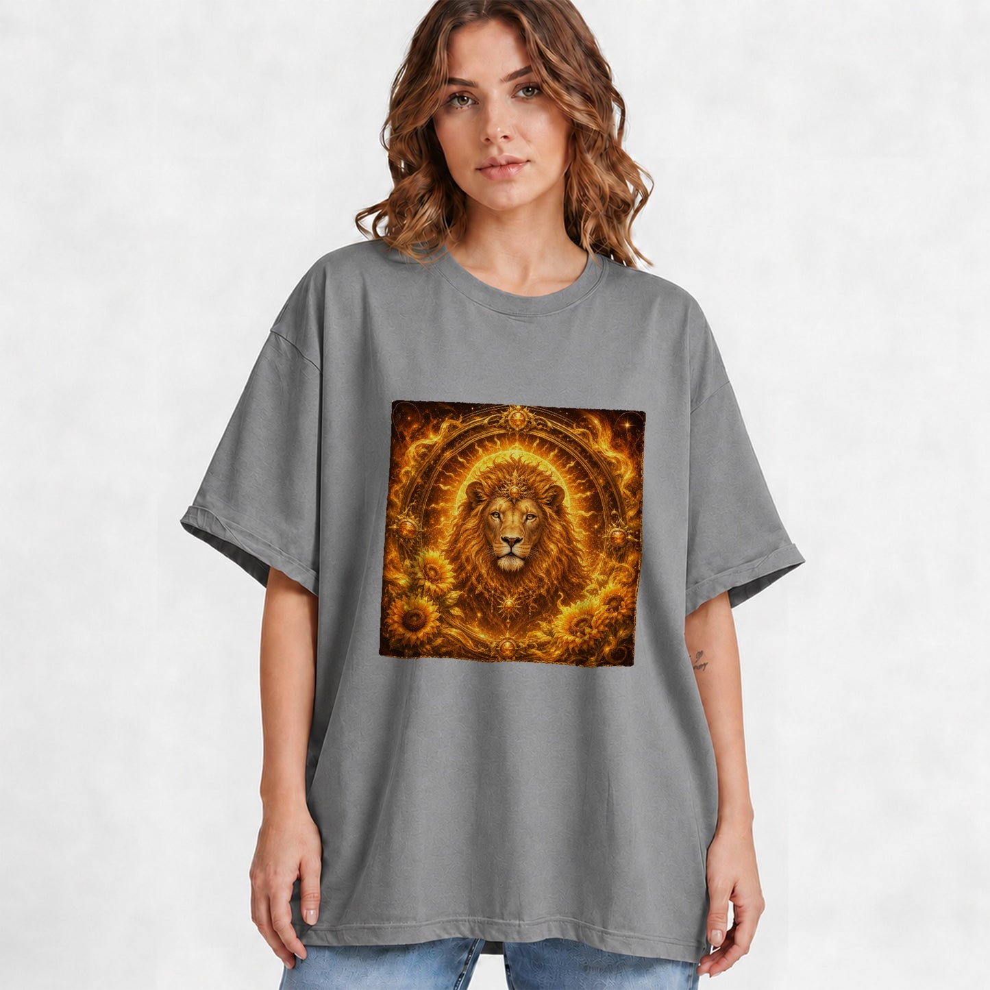 #pl[Gray] Leo Lion Graphic T-Shirt, Solar Zodiac Sunflower Celestial Art