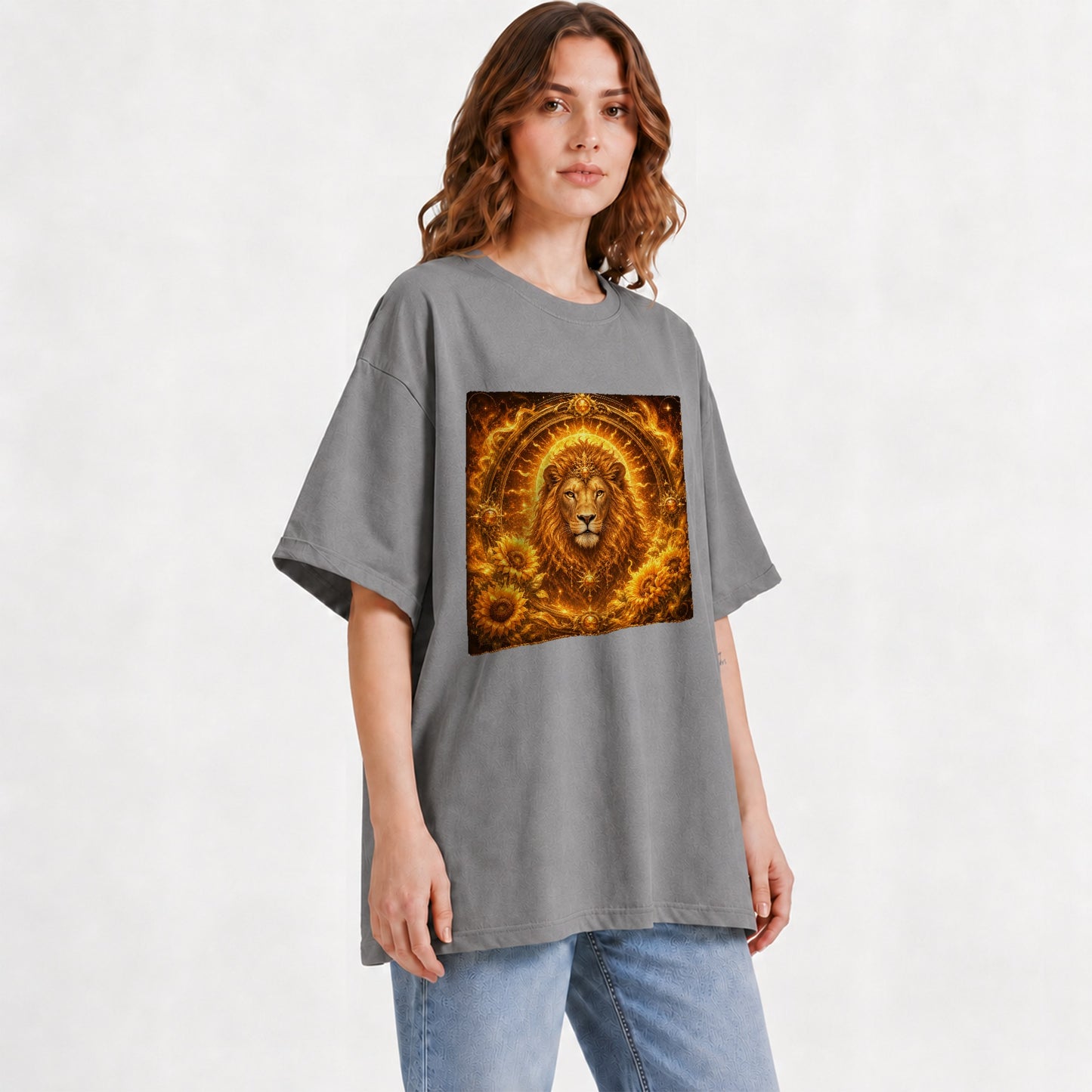 #pl[Gray] Leo Lion Graphic T-Shirt, Solar Zodiac Sunflower Celestial Art