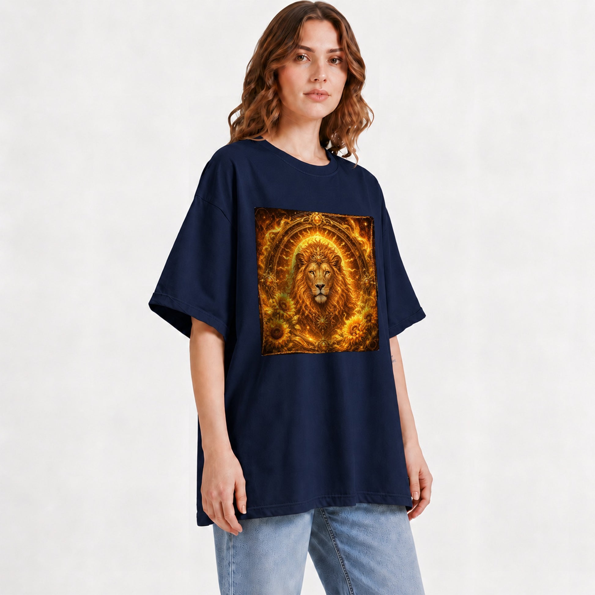 #pl[Navy] Leo Lion Graphic T-Shirt, Solar Zodiac Sunflower Celestial Art