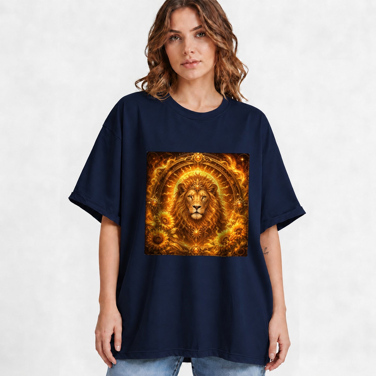 #pl[Navy] Leo Lion Graphic T-Shirt, Solar Zodiac Sunflower Celestial Art