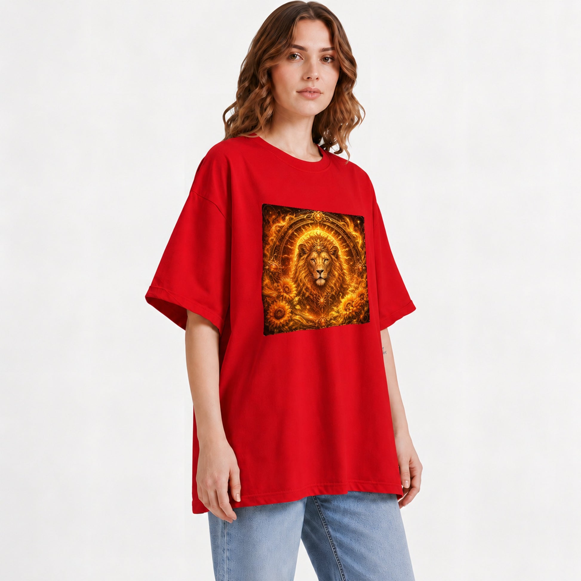 #pl[Red] Leo Lion Graphic T-Shirt, Solar Zodiac Sunflower Celestial Art