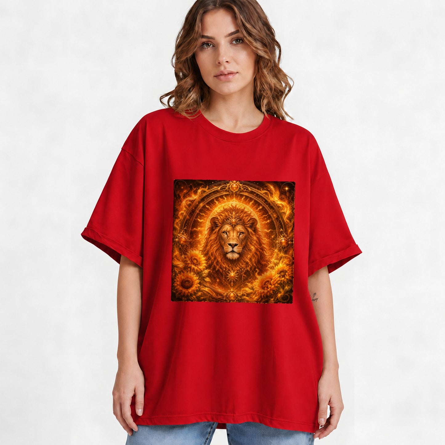#pl[Red] Leo Lion Graphic T-Shirt, Solar Zodiac Sunflower Celestial Art