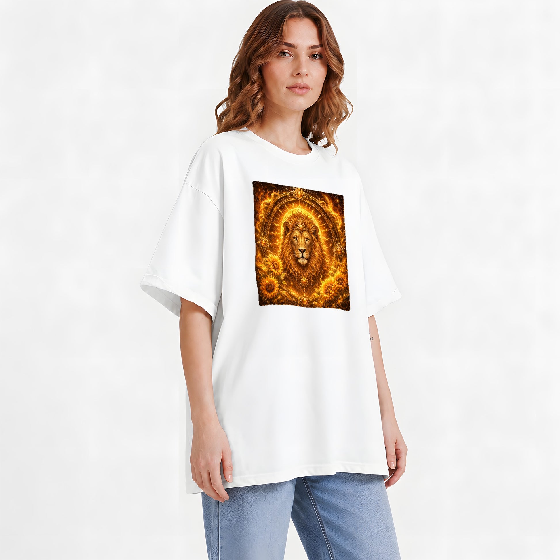 #pl[White] Leo Lion Graphic T-Shirt, Solar Zodiac Sunflower Celestial Art