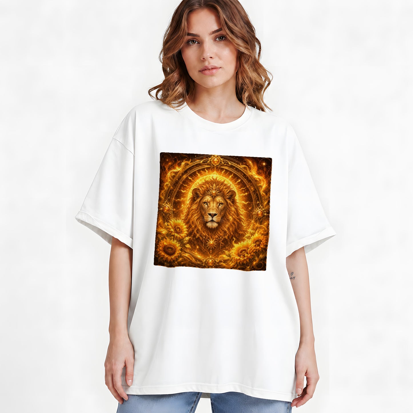 #pl[White] Leo Lion Graphic T-Shirt, Solar Zodiac Sunflower Celestial Art