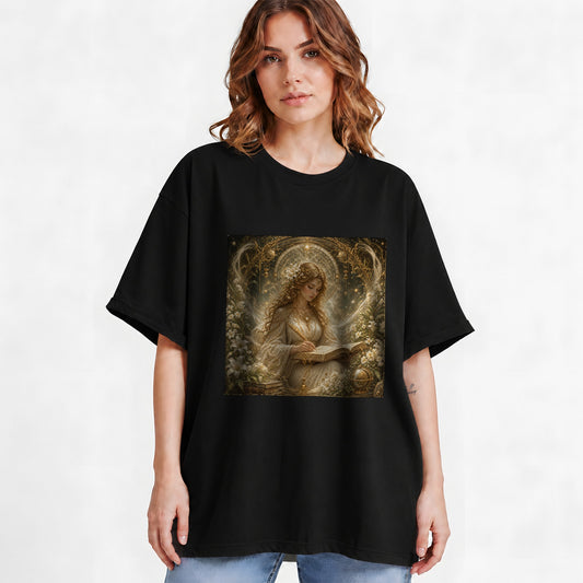 #pl[Black] Virgo Maiden Graphic T-Shirt, Celestial Zodiac Floral Writing Art
