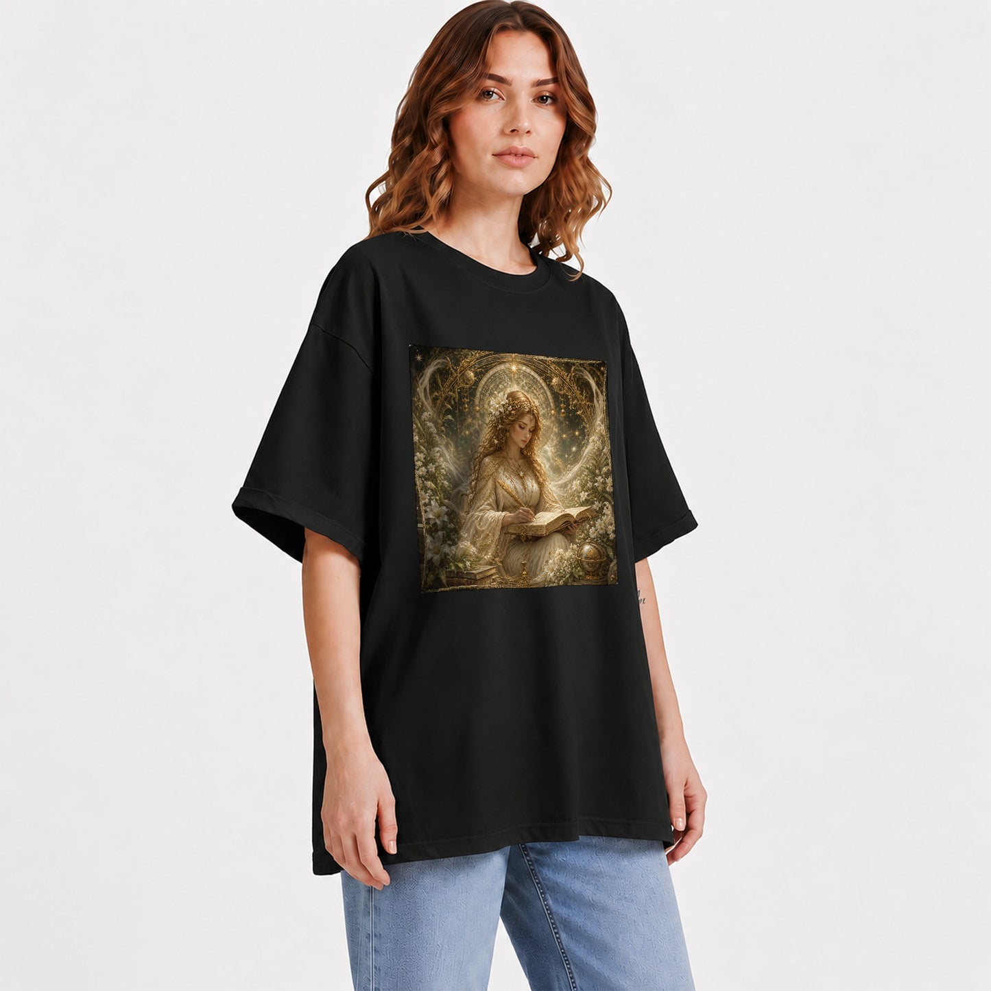 #pl[Black] Virgo Maiden Graphic T-Shirt, Celestial Zodiac Floral Writing Art