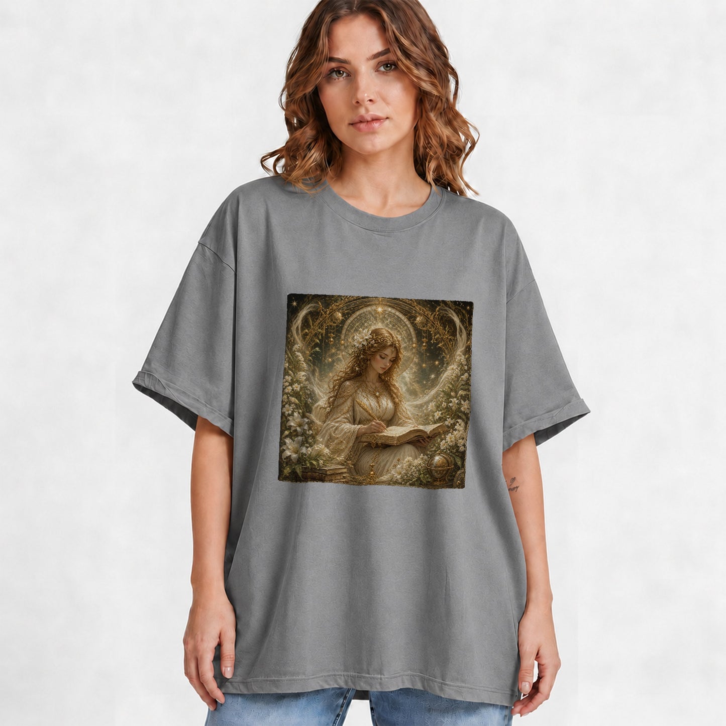 #pl[Gray] Virgo Maiden Graphic T-Shirt, Celestial Zodiac Floral Writing Art
