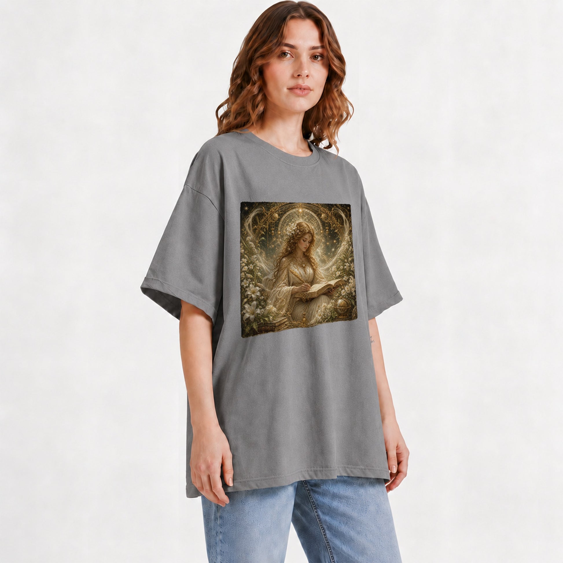 #pl[Gray] Virgo Maiden Graphic T-Shirt, Celestial Zodiac Floral Writing Art