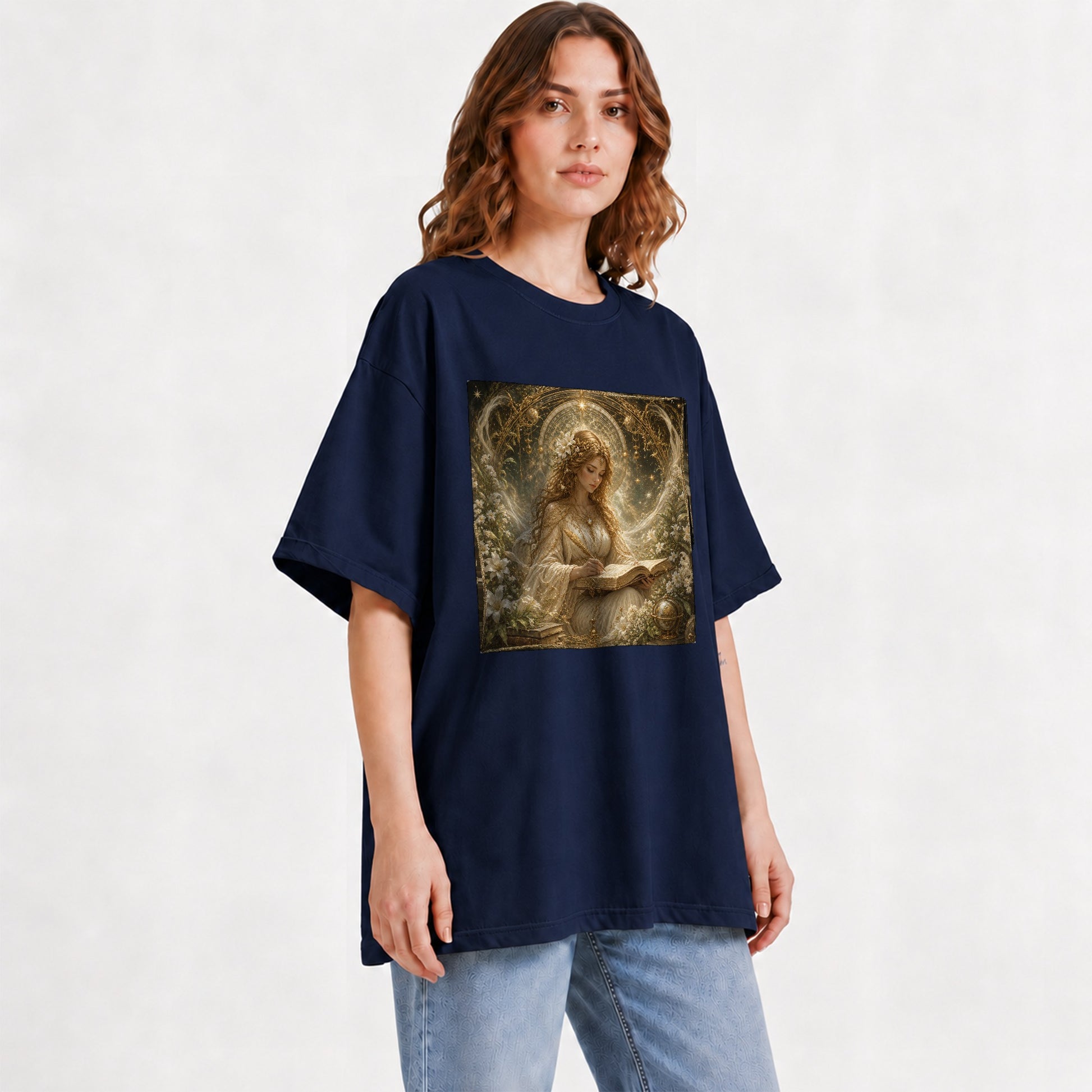 #pl[Navy] Virgo Maiden Graphic T-Shirt, Celestial Zodiac Floral Writing Art