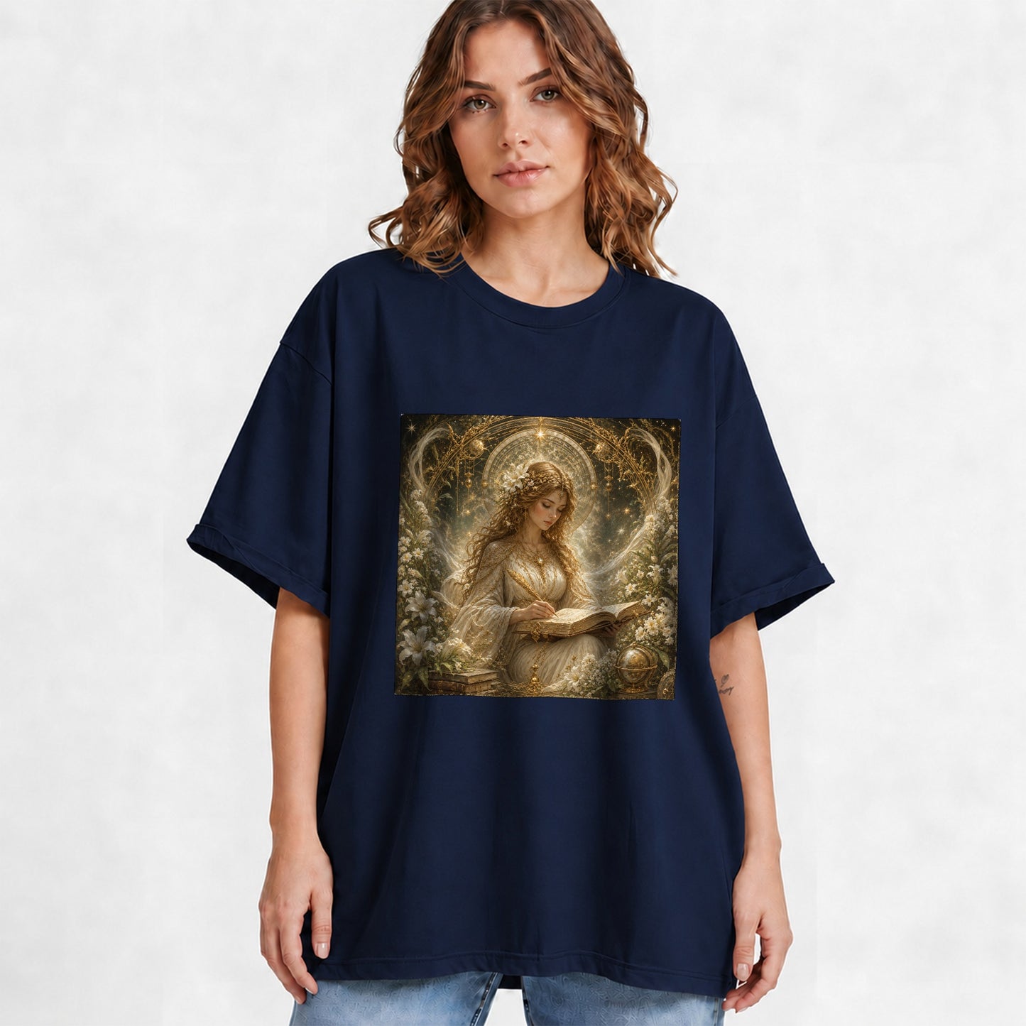 #pl[Navy] Virgo Maiden Graphic T-Shirt, Celestial Zodiac Floral Writing Art